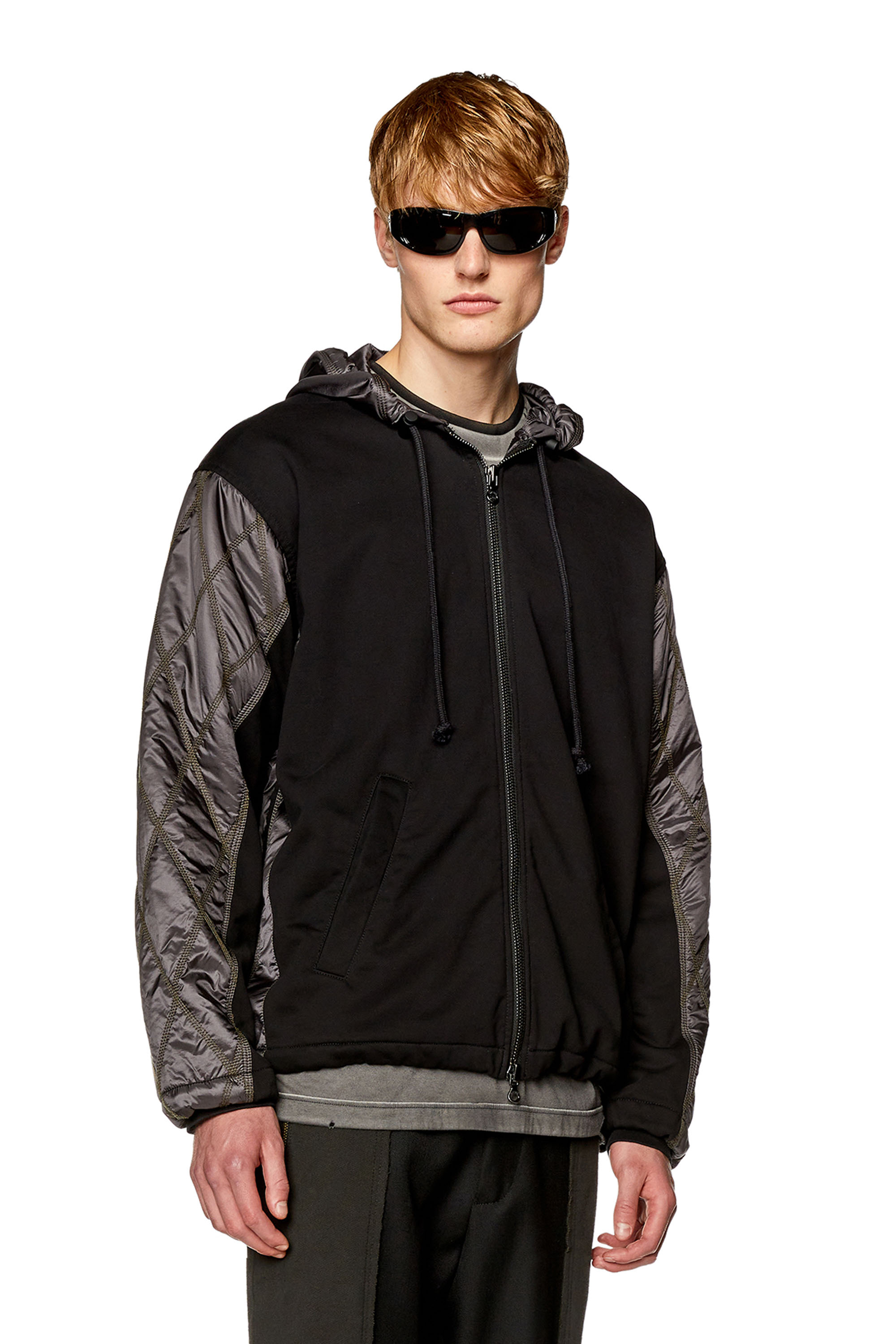 Men's Hooded jacket in fleece and quilted nylon | Black | Diesel