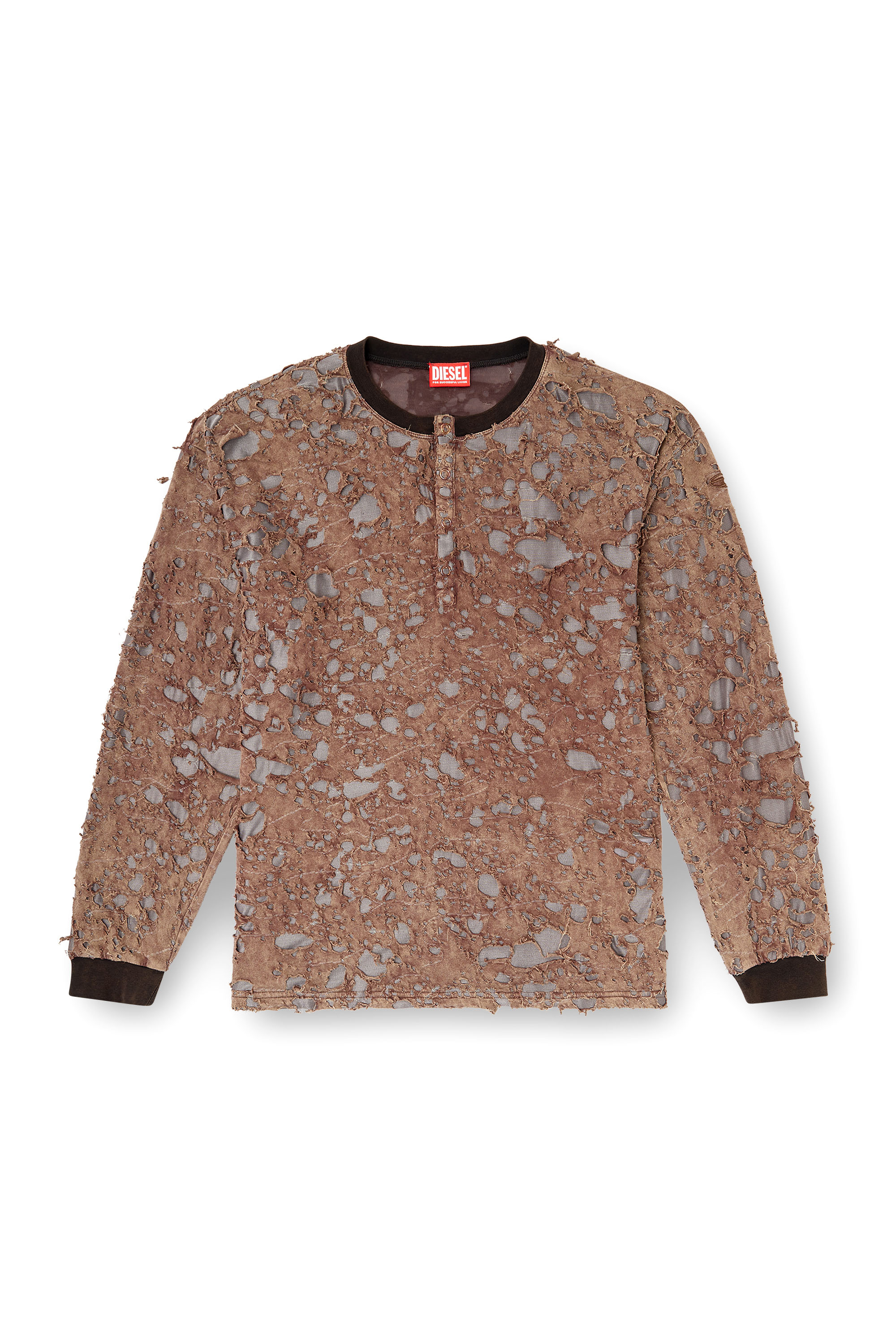 Diesel - T-OVERT, T-shirt a manica lunga in jersey distressed Uomo in Marrone - 3