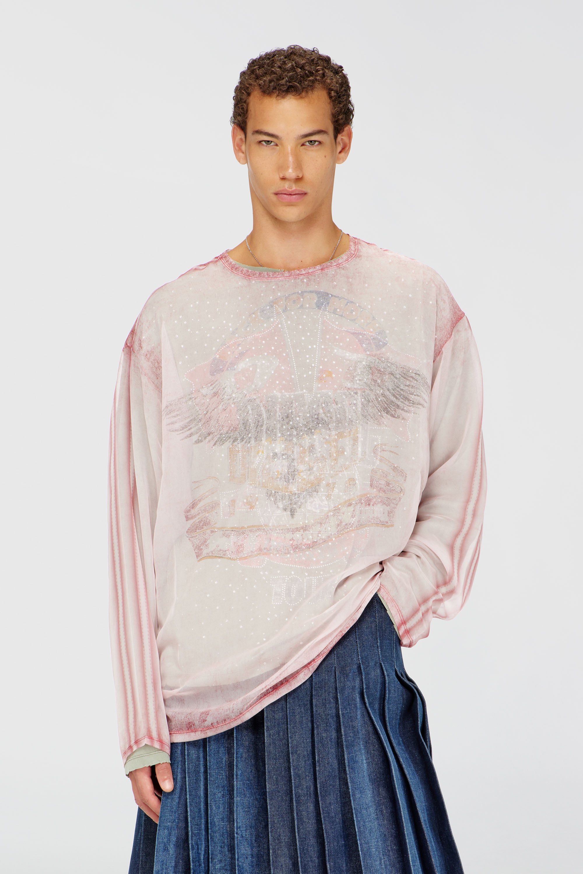 Diesel - T-DOUBLEX-LS, Top in chiffon trasparente con grafiche da concerto Uomo in Rosa - 1