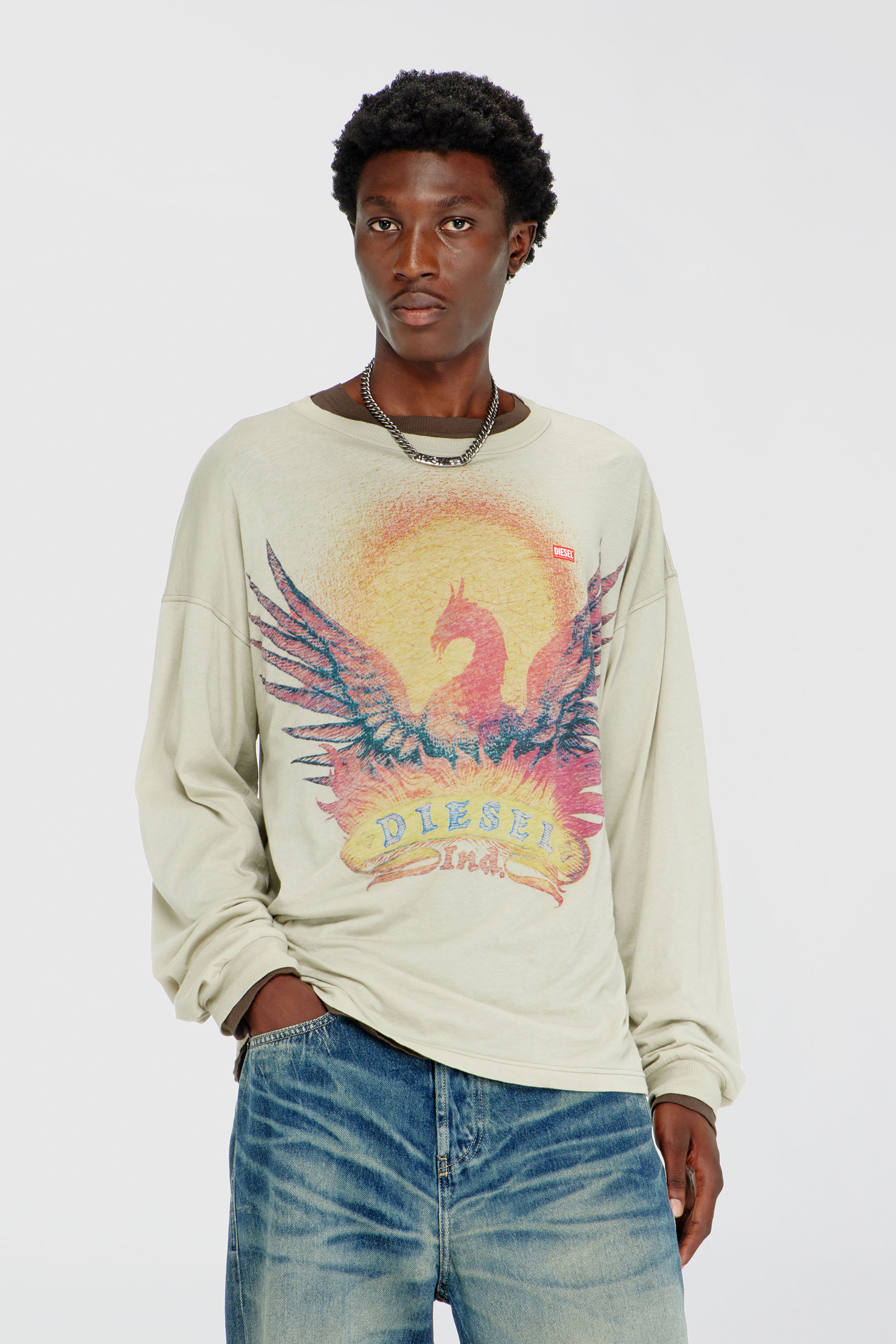 Diesel - T-BOXT-LS-AA1, T-shirt a manica lunga con grafica Phoenix Uomo in Beige - 1