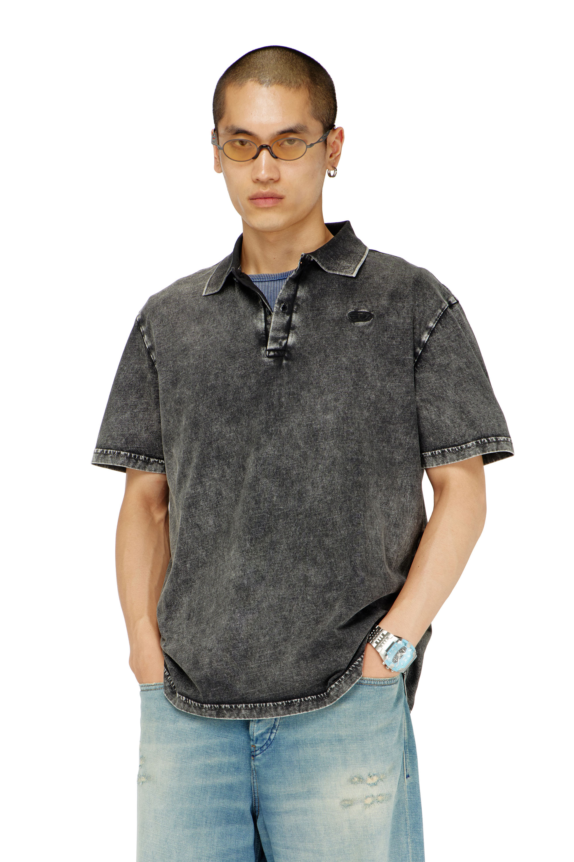 Diesel - T-REJUST-NC-DEN, Polo in jersey effetto denim Uomo in Grigio - 1