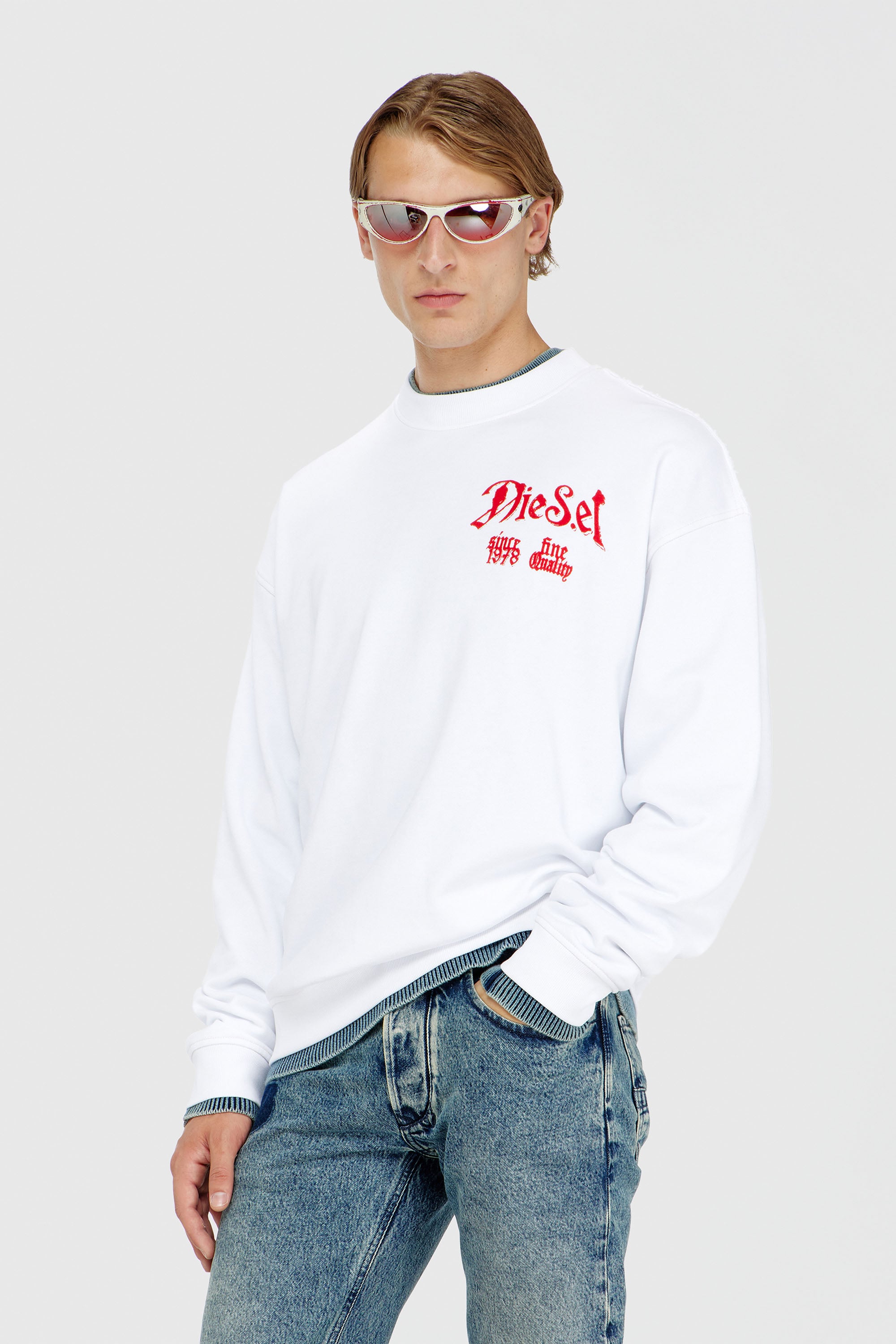 Diesel - S-BOXT-AA2, Felpa in cotone con grafiche effetto floccato Uomo in Bianco - 1
