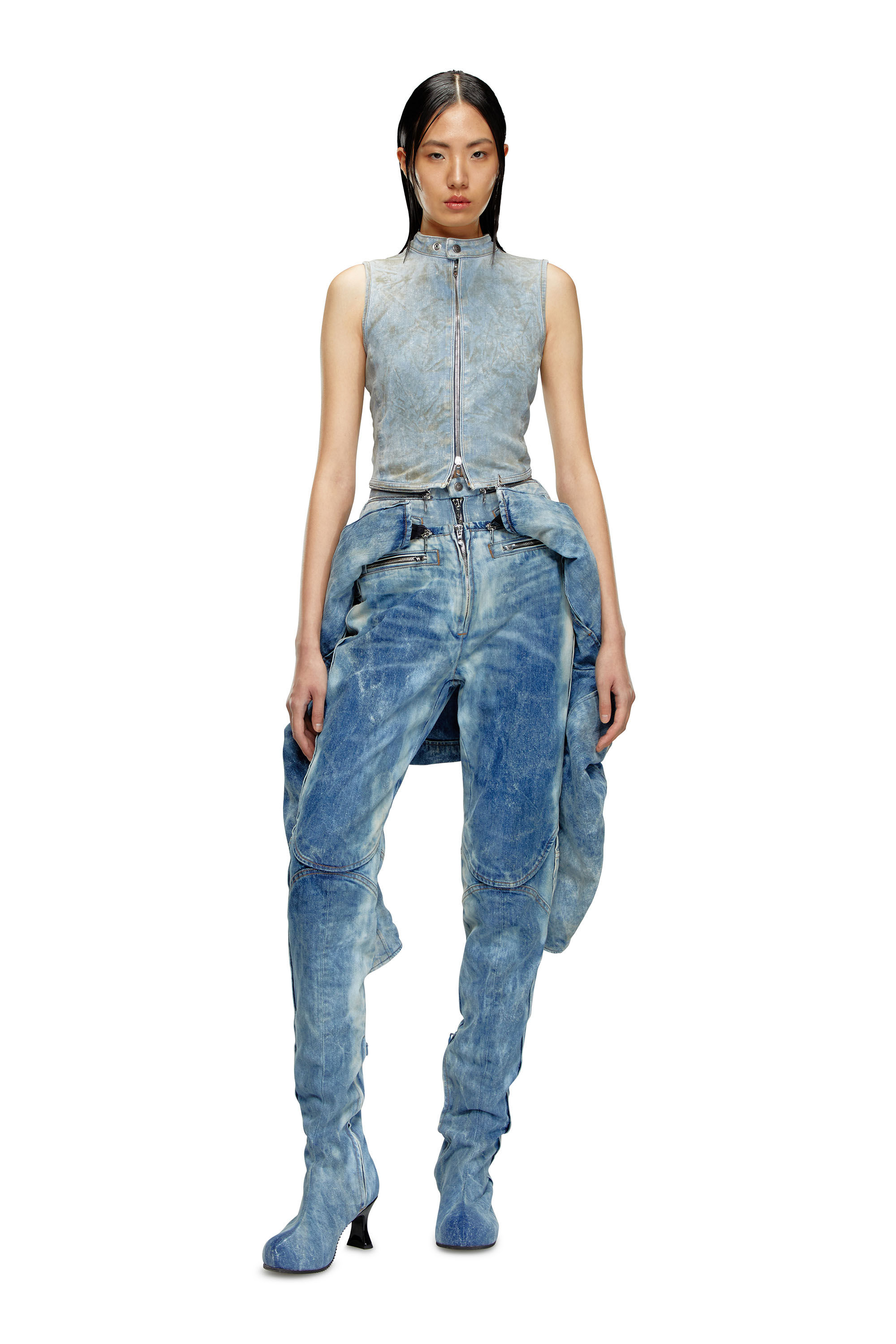 Diesel - DE-NATA-FSE, Top second-skin in denim con dettagli biker Donna in Blu - 1