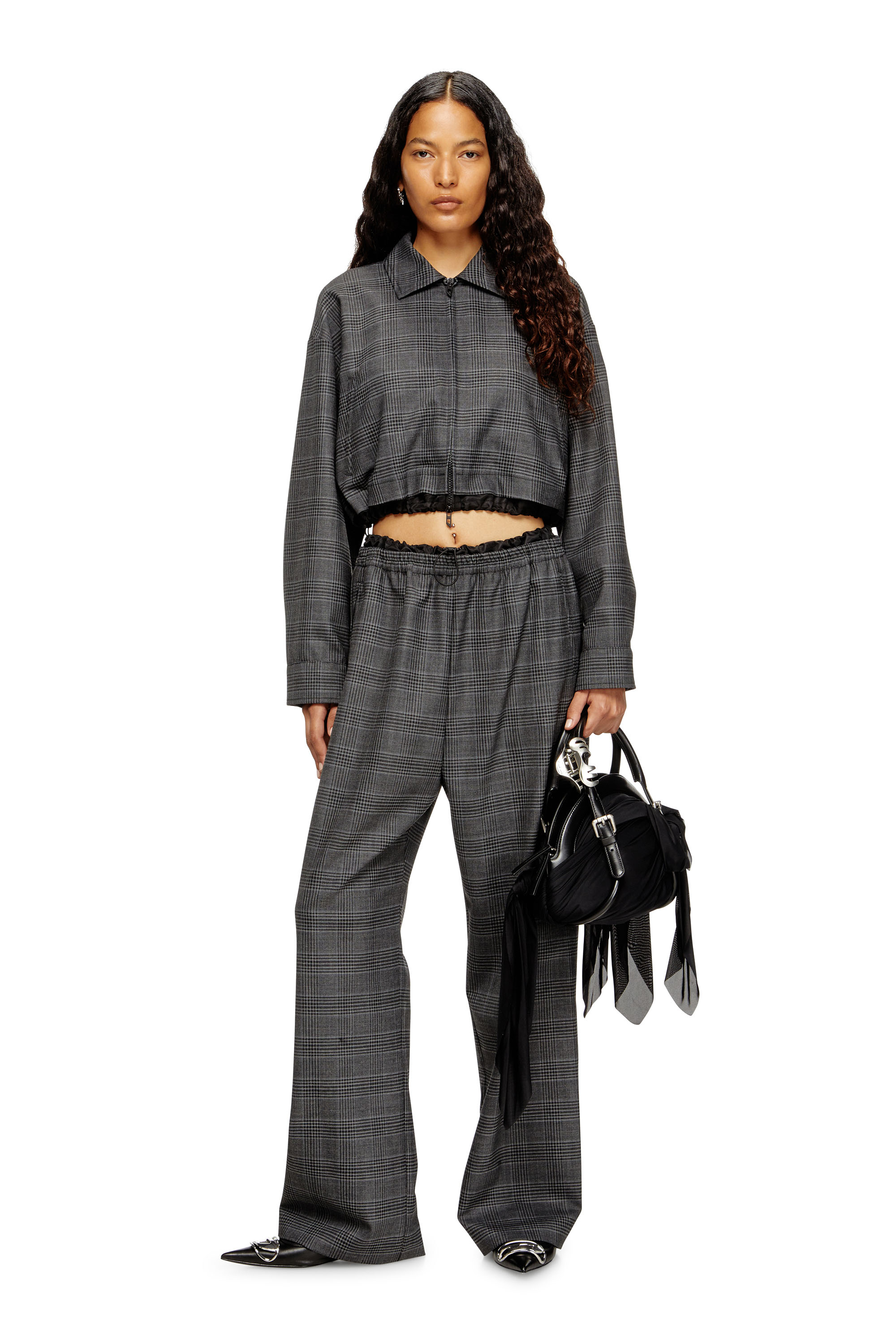 Diesel - J-TING-FEM, Giacca sportiva lunghezza cropped in misto lana Principe di Galles Donna in Nero - 1