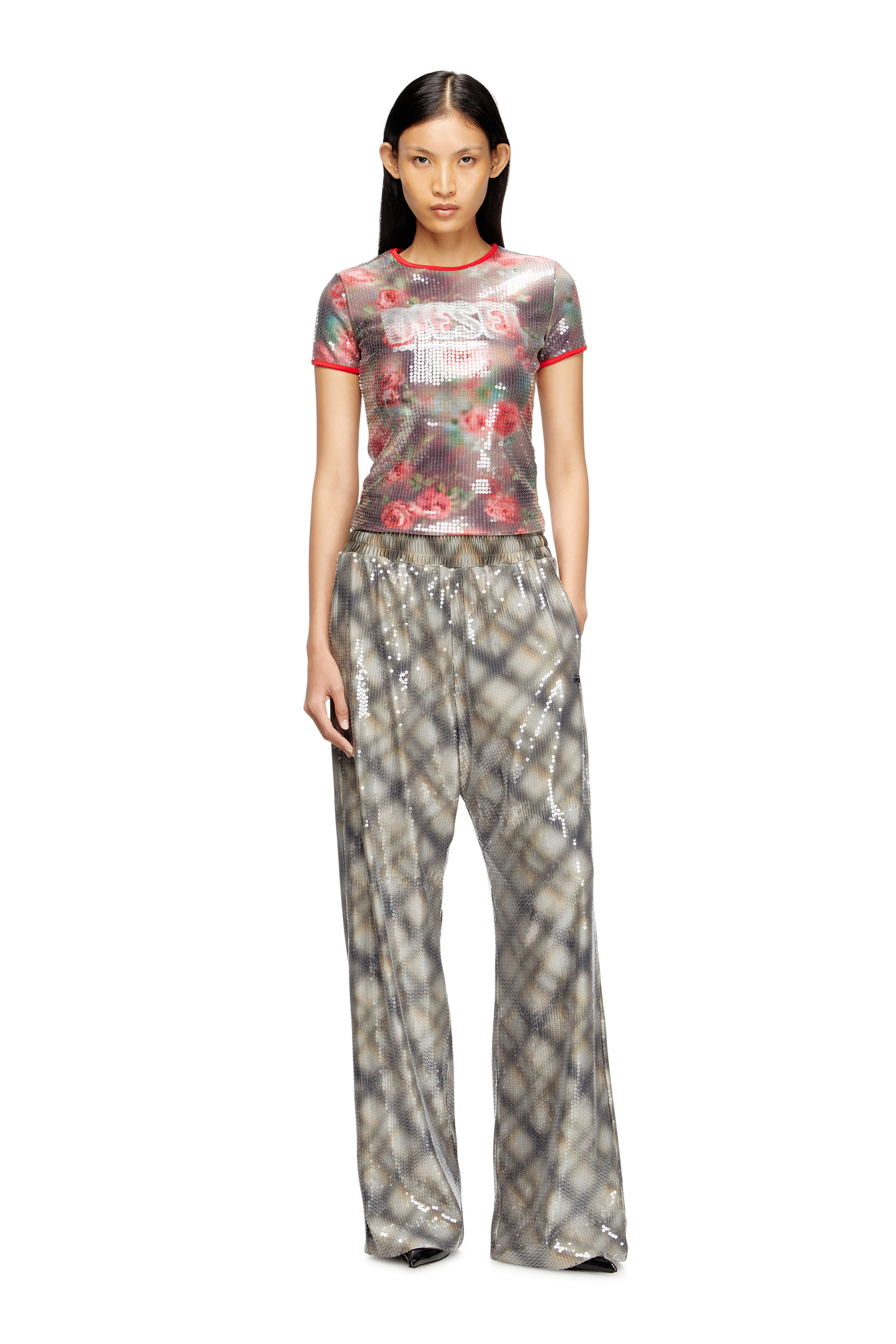 Diesel - T-UNKYEL, Top aderente in jersey a fiori con paillettes Donna in Multicolor - 1
