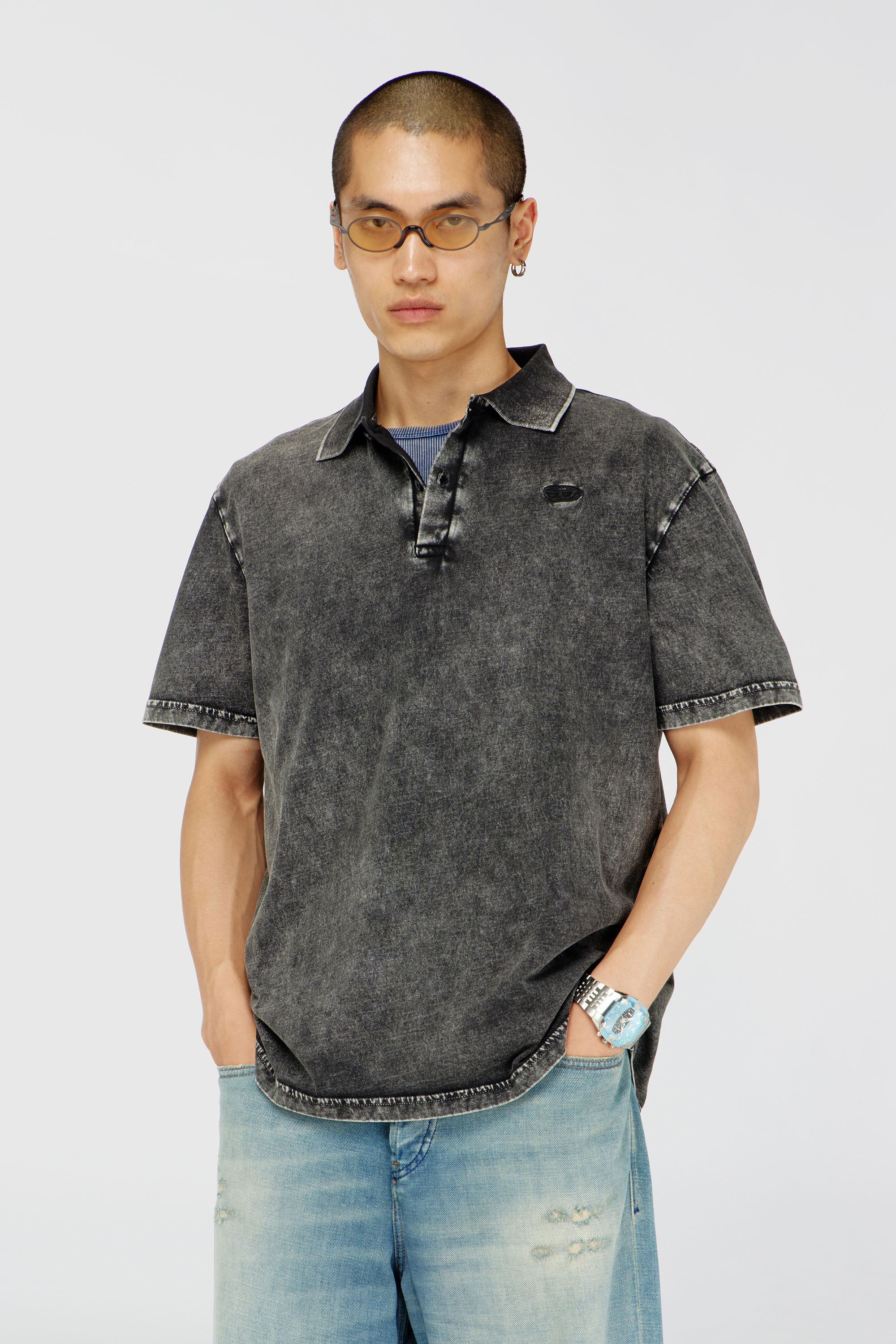 Diesel - T-REJUST-NC-DEN, Polo in jersey effetto denim Uomo in Grigio - 1