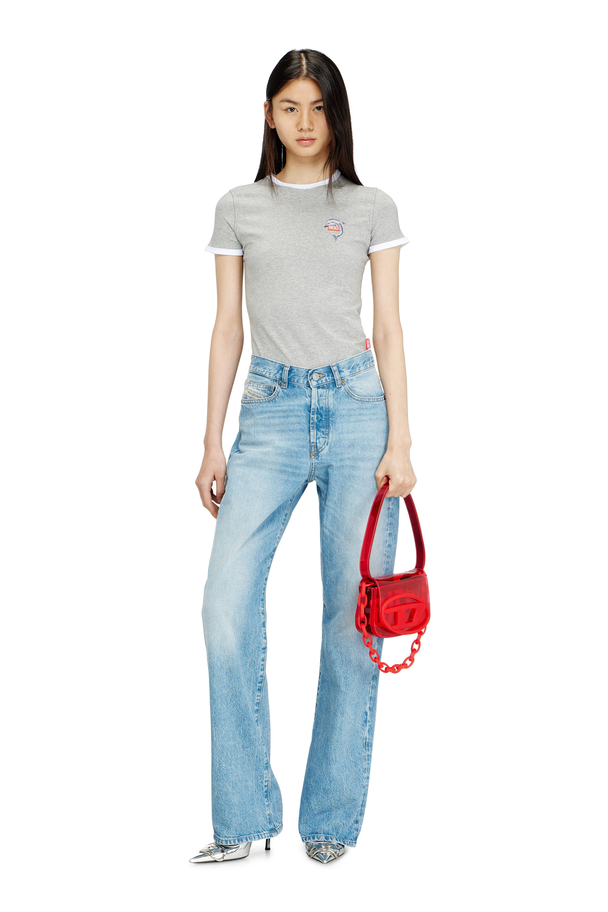 Diesel - T-UNCUTIES-LONG-S13, T-shirt aderente con stampa di delfino Donna in Grigio - 1