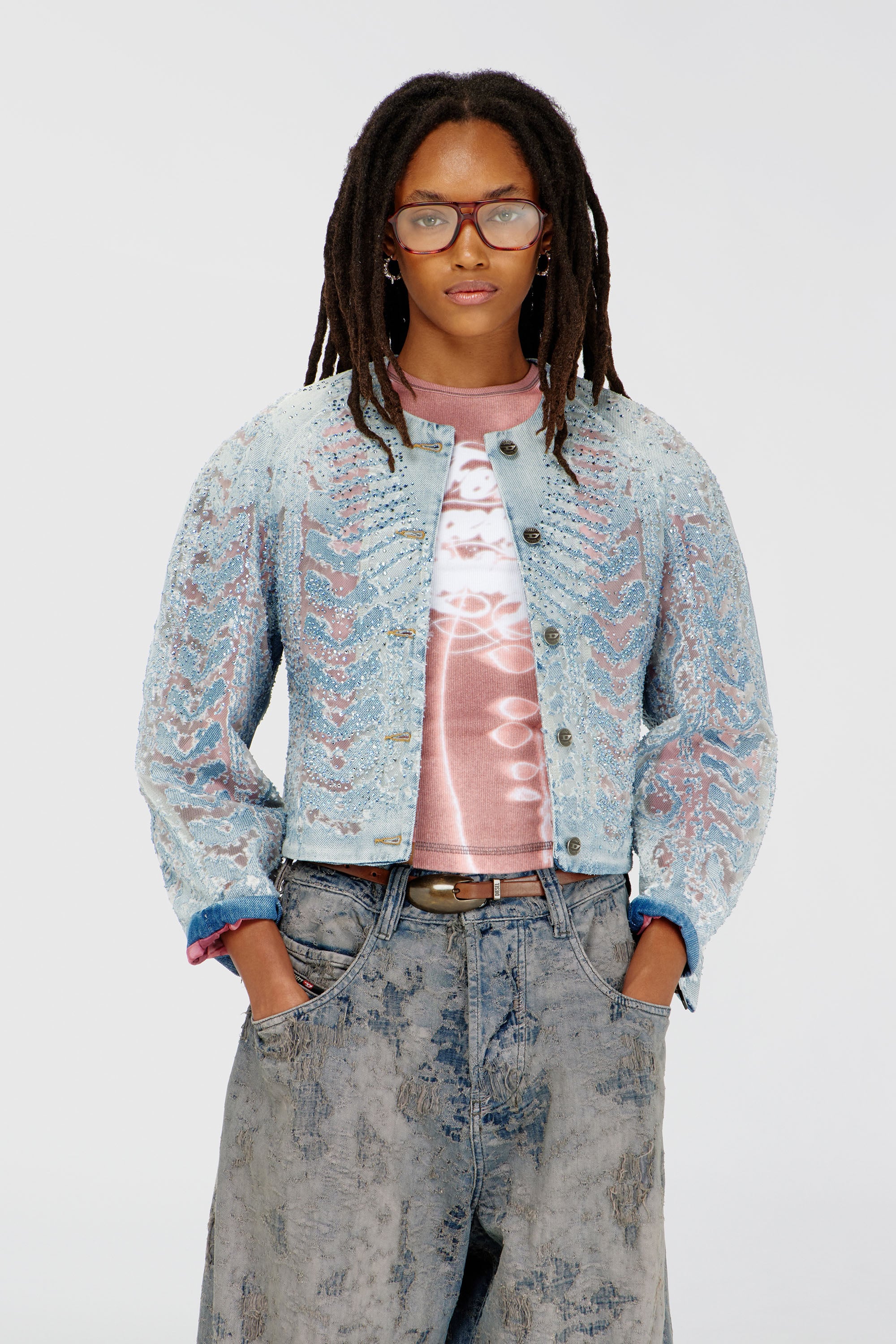 Diesel - DE-SOLIXIA-S, Giacca in denim microstone devor&eacute; Donna in Blu - 1