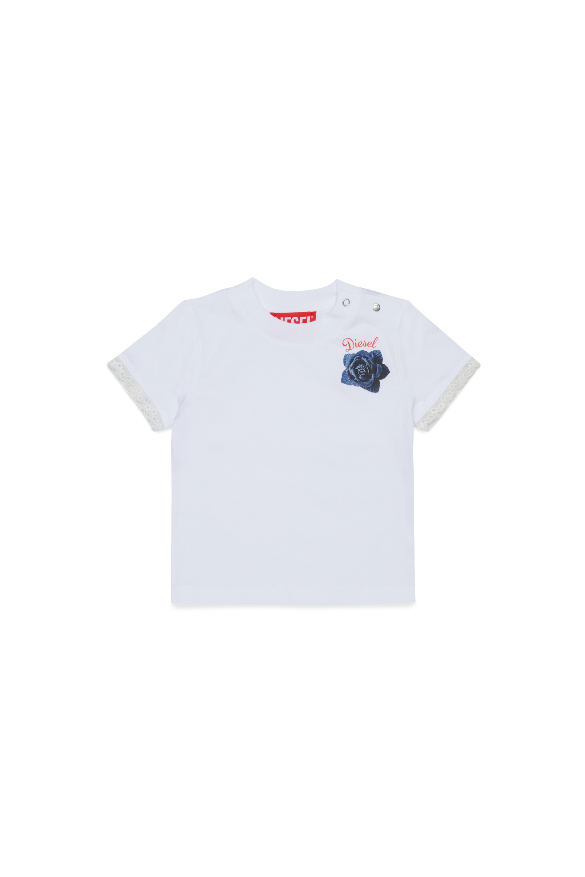 Diesel - TROSEZB, T-shirt con inserti in pizzo e stampa rosa Donna in Bianco - 1