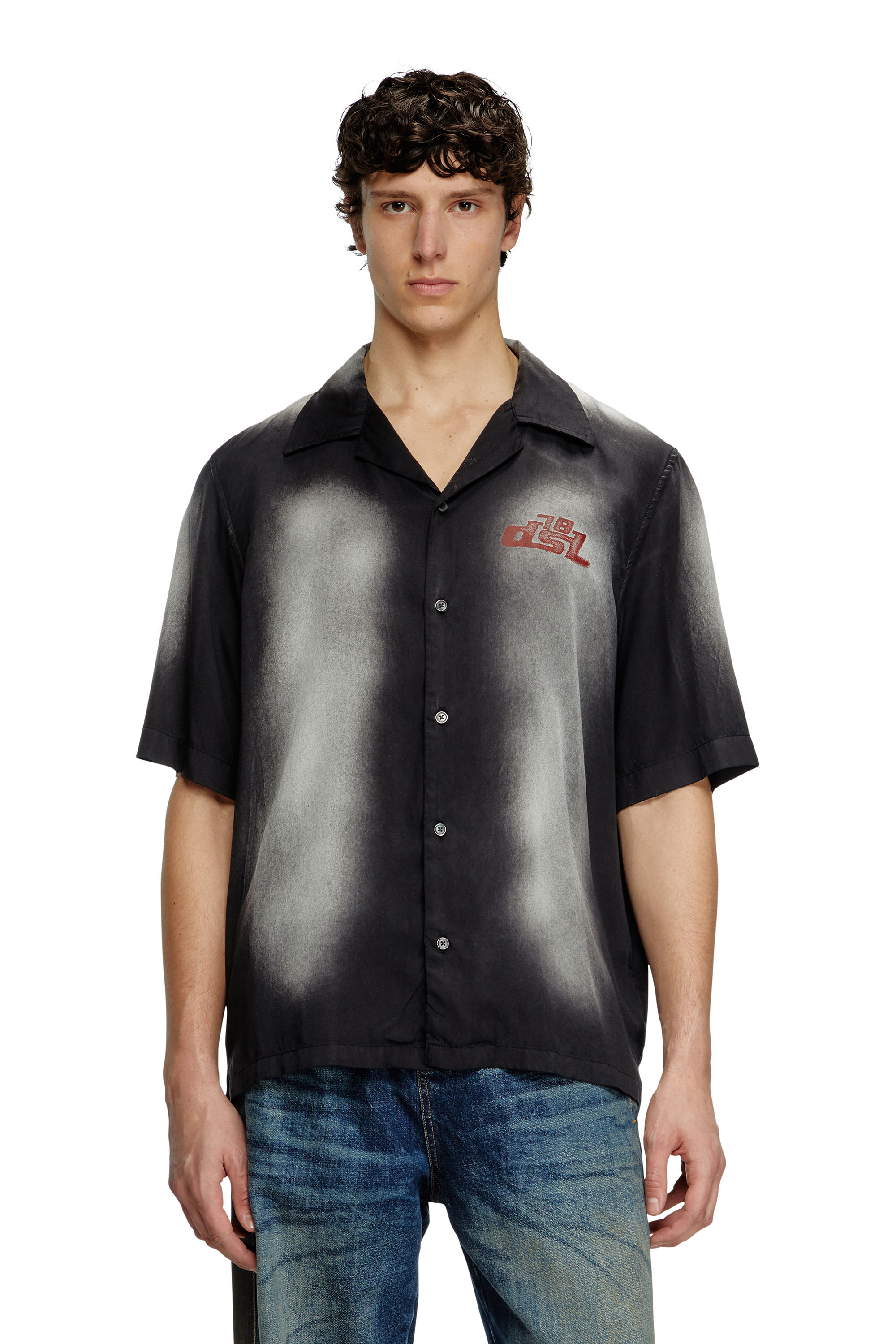 Diesel - S-ELLY, Camicia bowling sfumata con stampe logo Uomo in Nero - 1