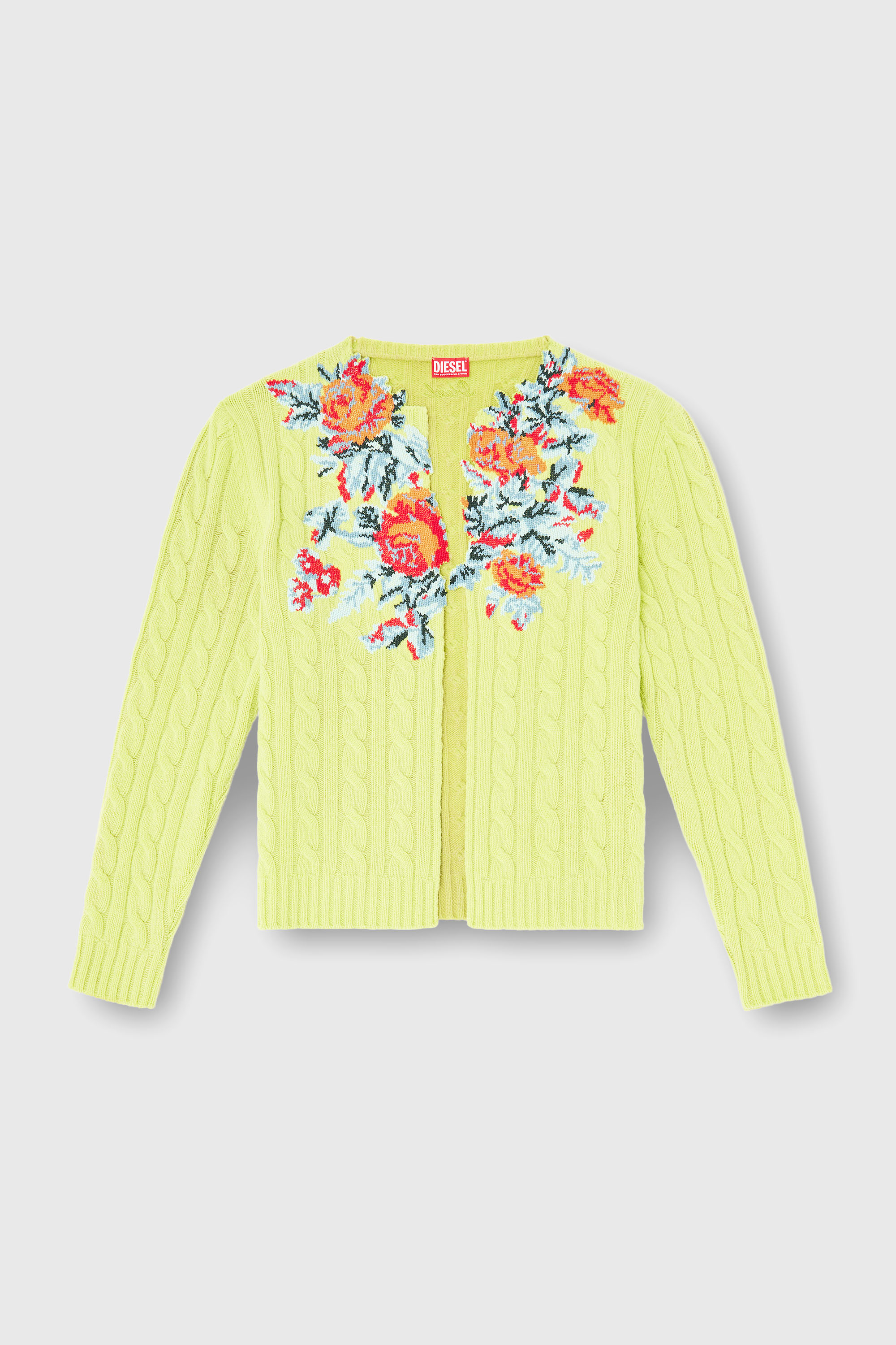 Diesel - K-RINO, Cardigan aperto in maglia a trecce floreale Uomo in Giallo - 2