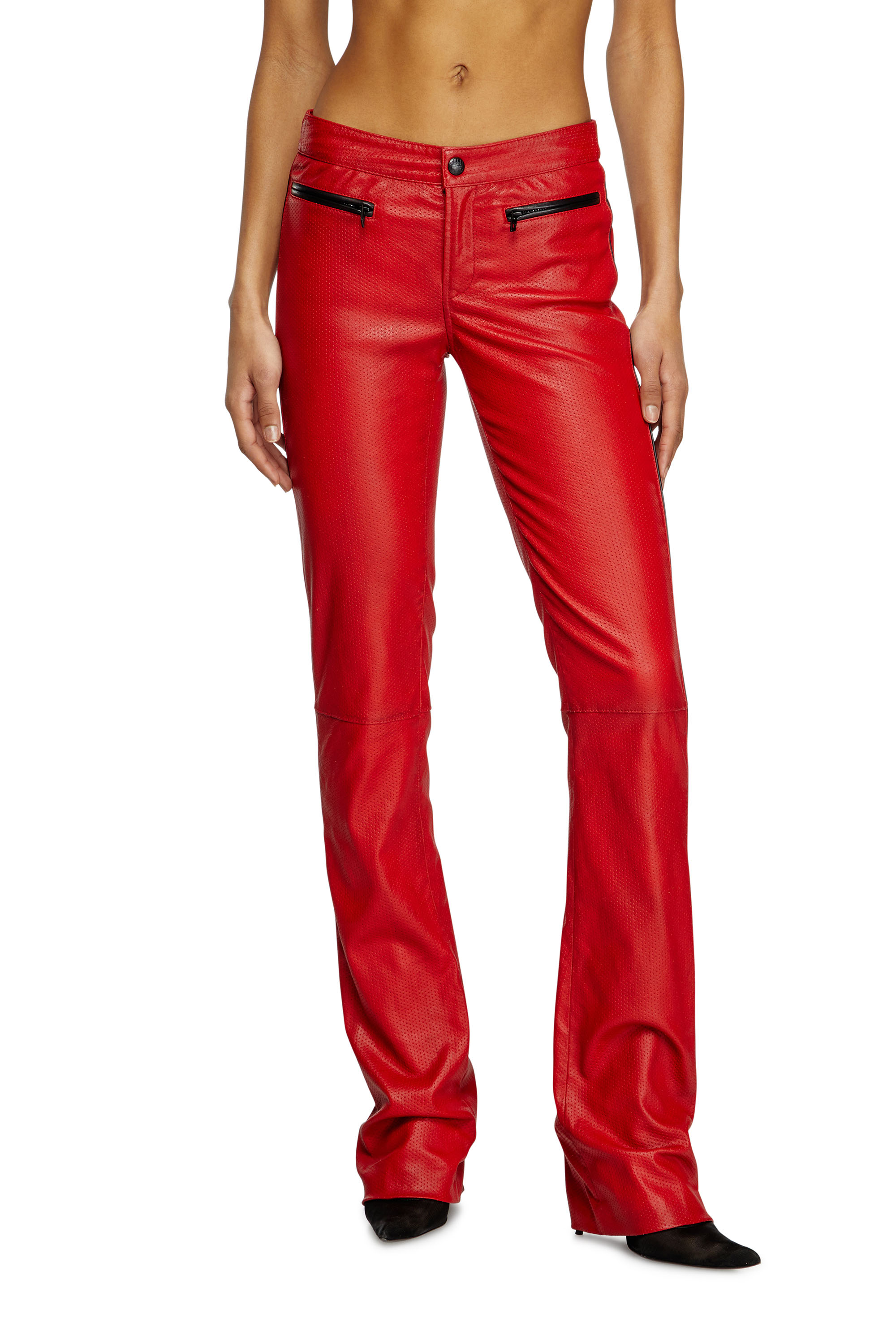 Diesel - L-INSEY, Pantaloni biker in pelle stretch traforata Donna in Rosso - 2