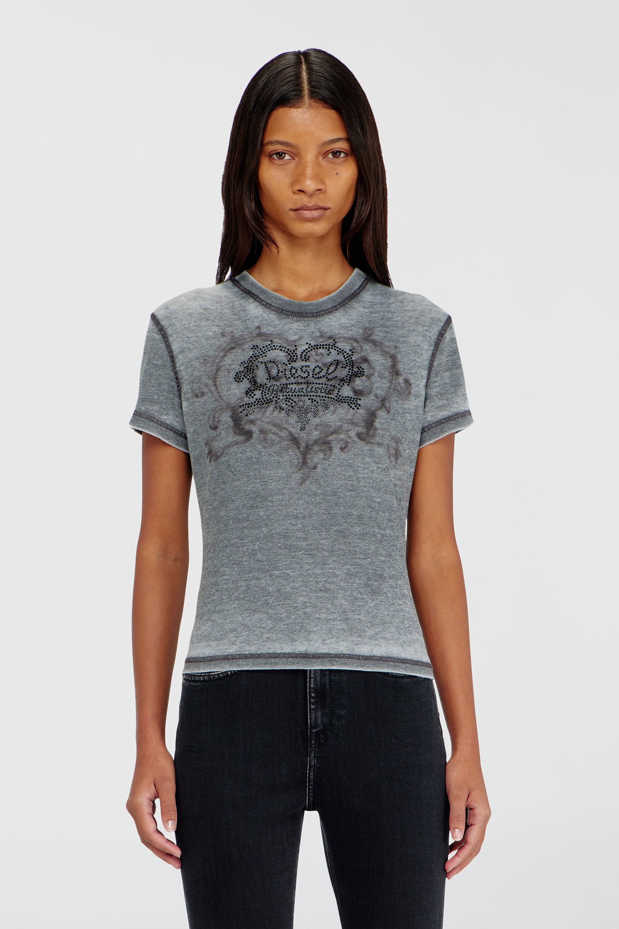 Diesel - T-ILA-AA1, T-shirt in jersey con strass ed effetto burnout Donna in Grigio - 1