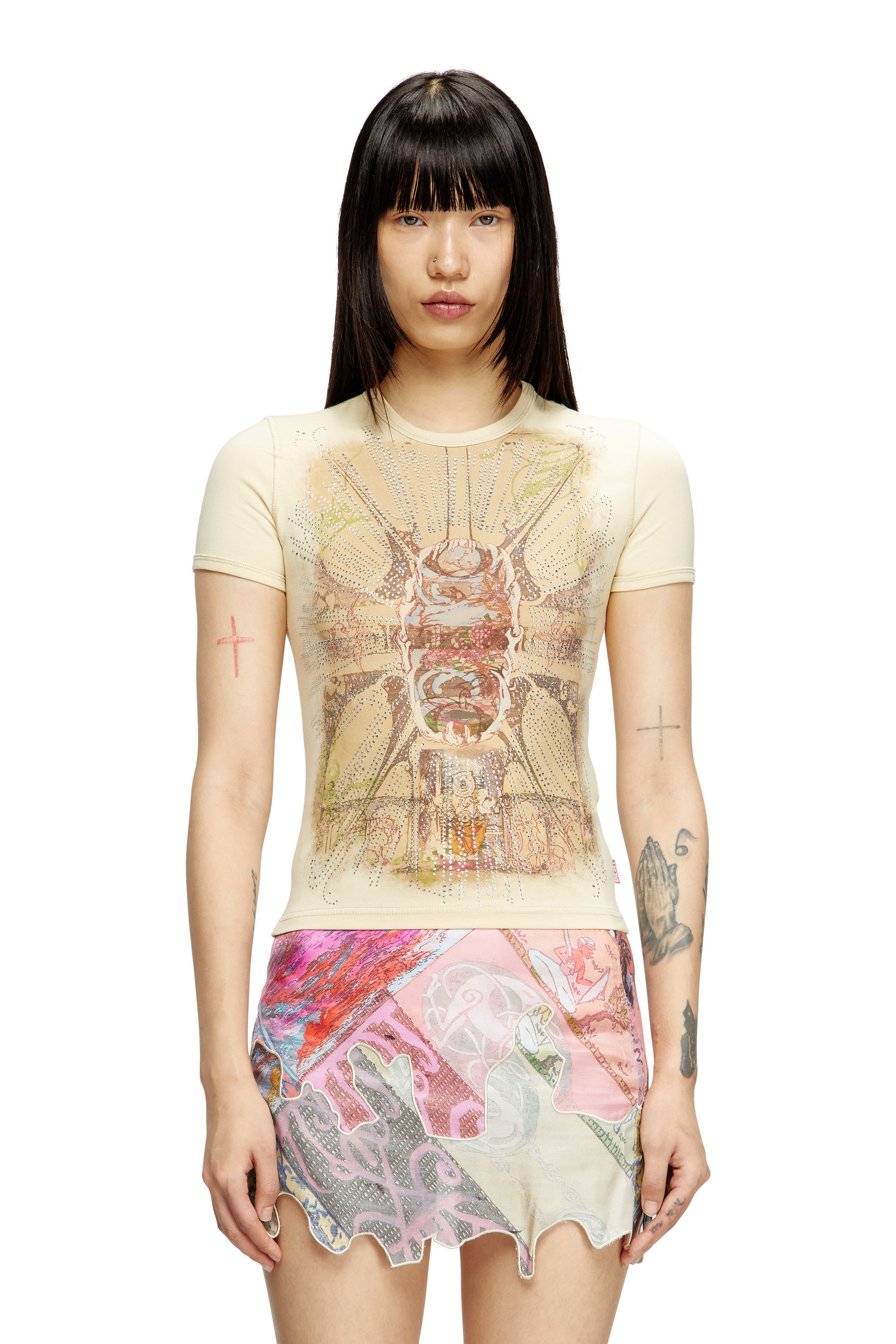 Diesel - T-UNCUTIES-LONG-R14, T-shirt con grafica in strass Donna in Marrone - 1