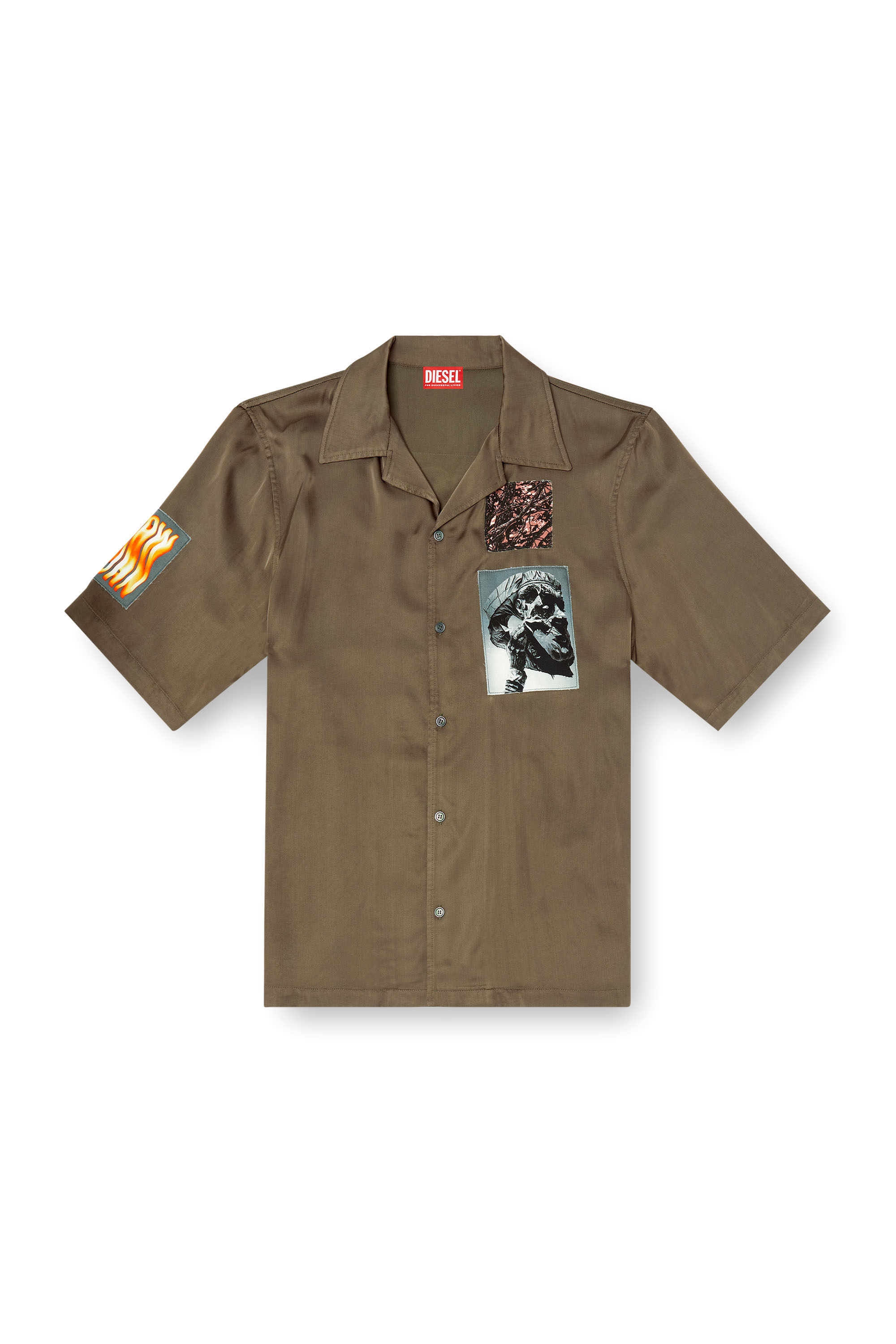 Diesel - S-DAXHE, Man's Short-sleeve satin shirt with patches in Military Green - 3