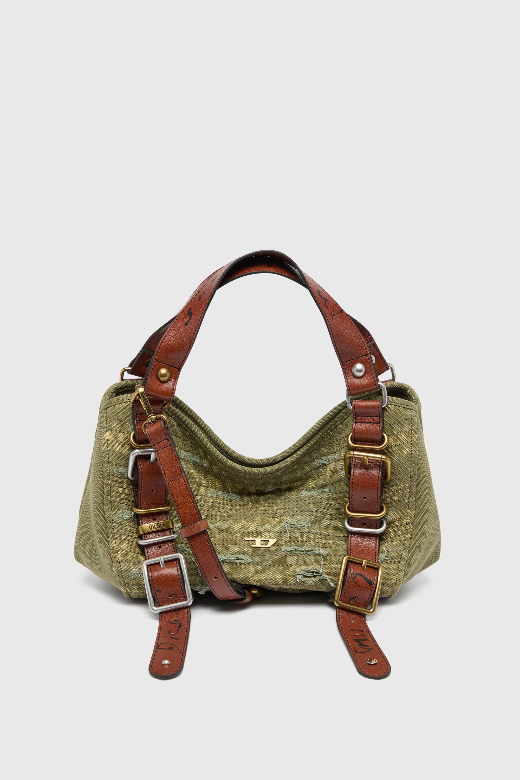 Diesel - D-ONE TOPHANDLE S, D-One-Borsa piccola a mano in canvas effetto used e pelle Donna in Verde - 1