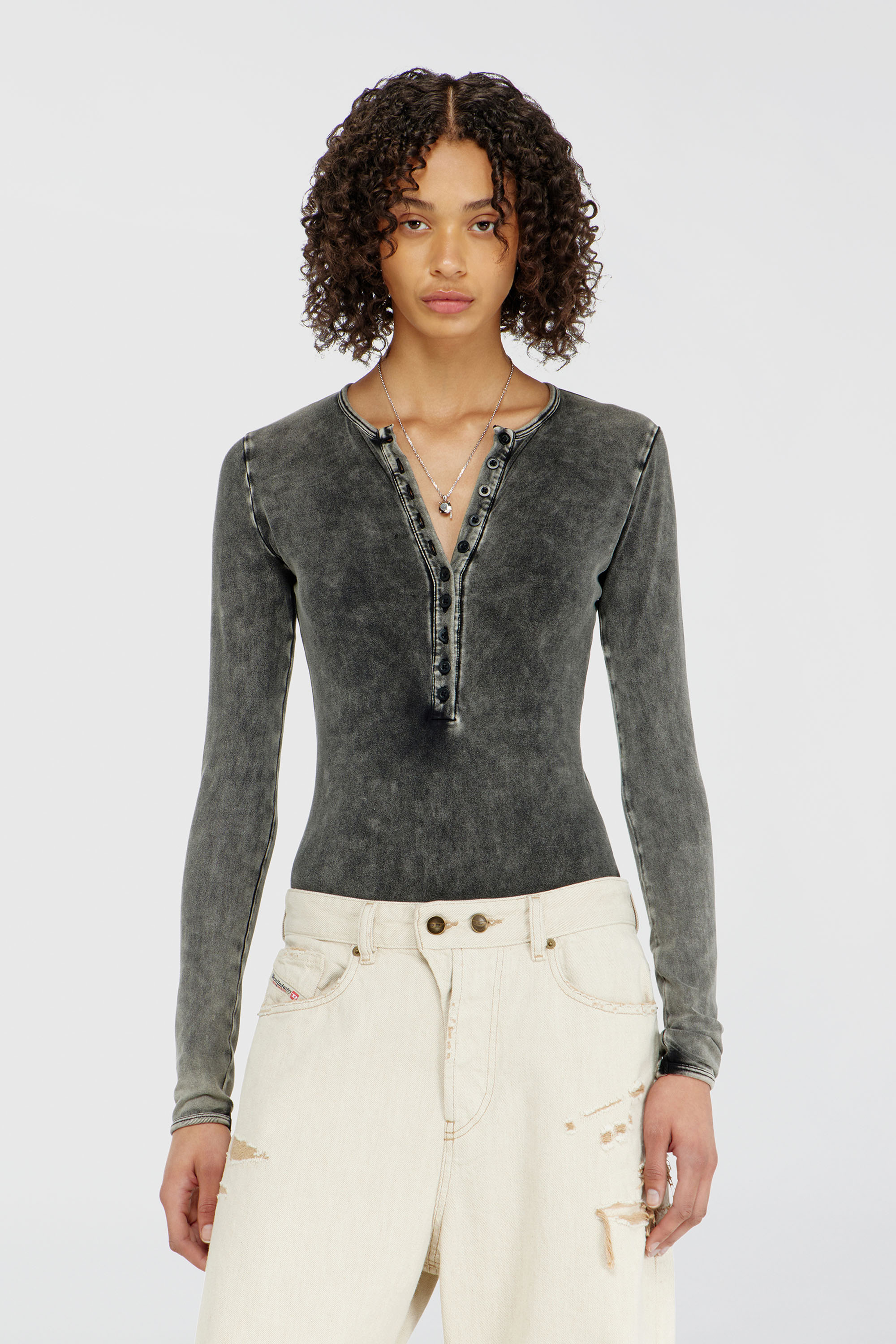Diesel - FRESYA-DNM, Body in cotone con chiusura frontale a bottoni Donna in Grigio - 1