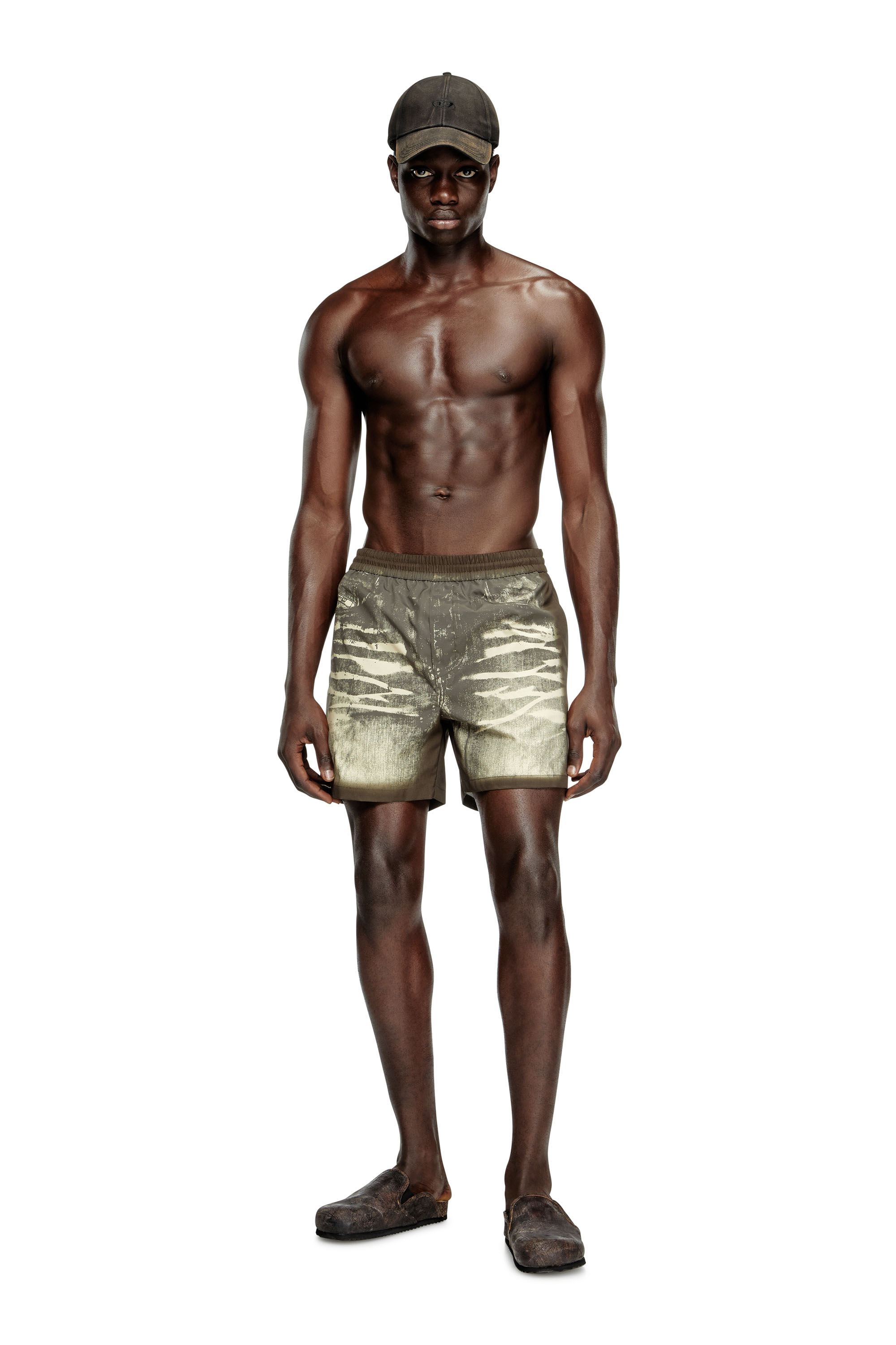 Diesel - RIO-41-DNM, Pantaloncini da mare con stampa denim Uomo in Marrone - 1