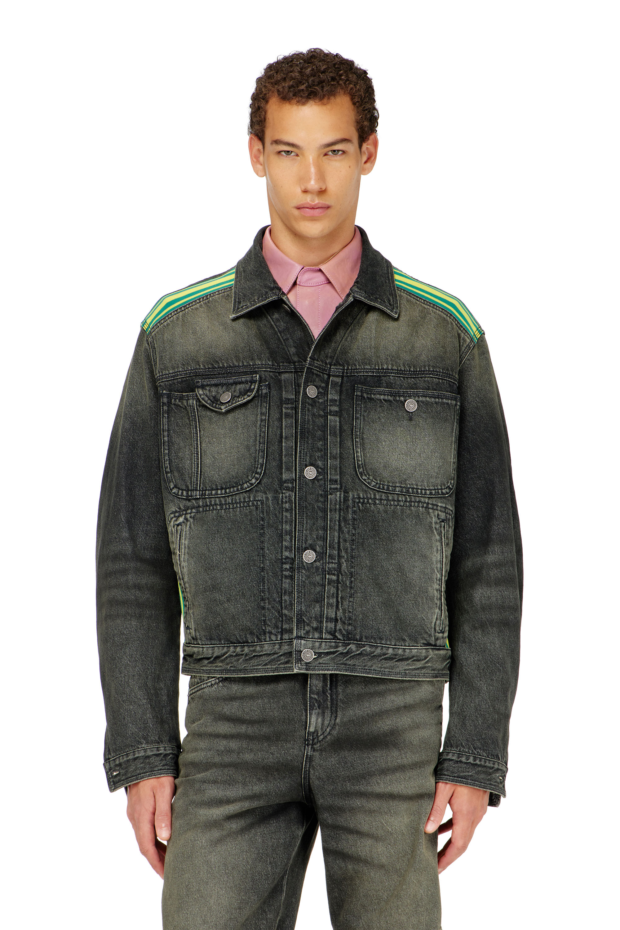 Diesel - D-BAS-FSJ1, Giacca trucker con bande a righe sulle spalle Uomo in Nero - 2