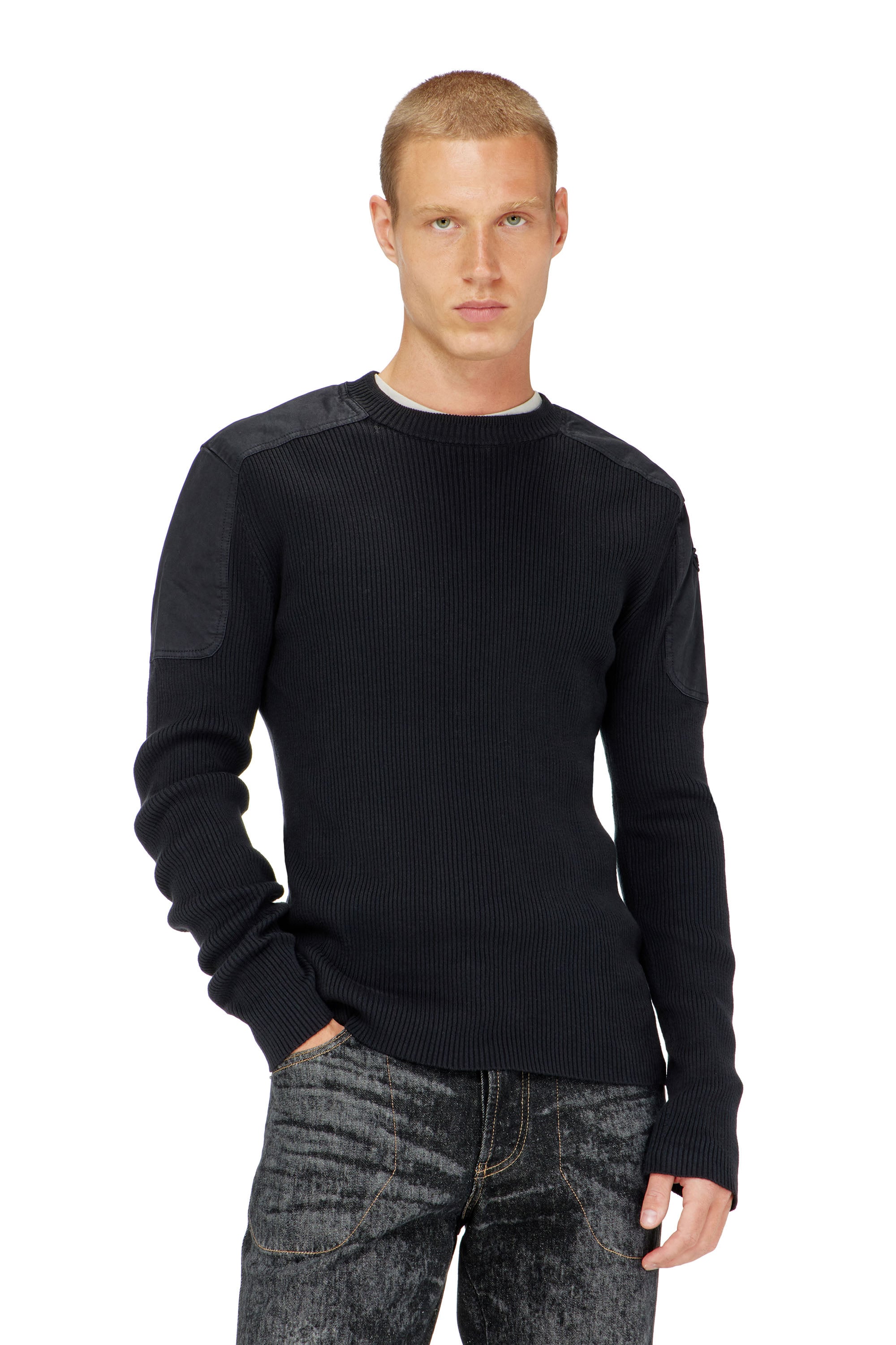 Diesel - K-MARTIN, Maglia a coste con pannelli sulle spalle Uomo in Nero - 1
