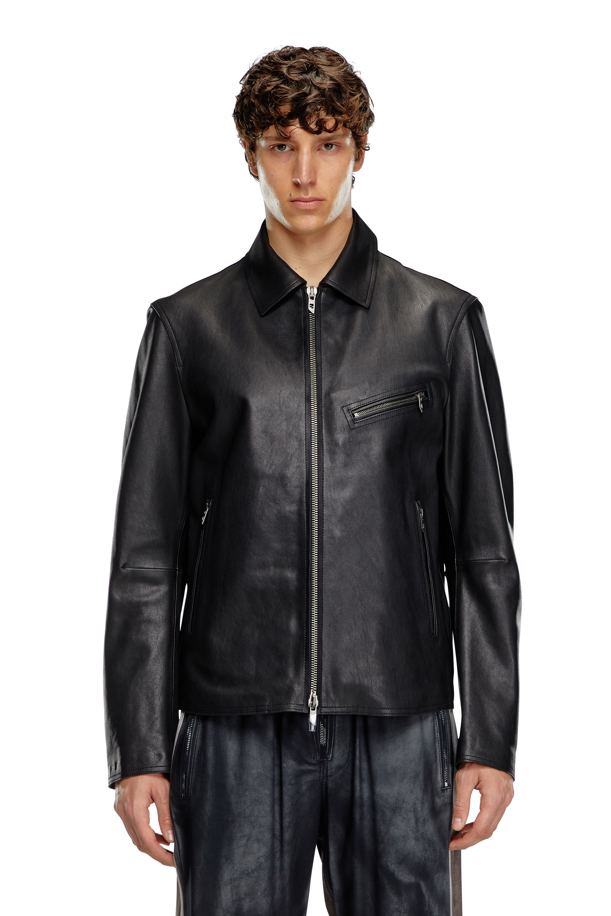 Diesel - L-KORN-A, Giacca in pelle con logo Oval D a rilievo Uomo in Nero - 1