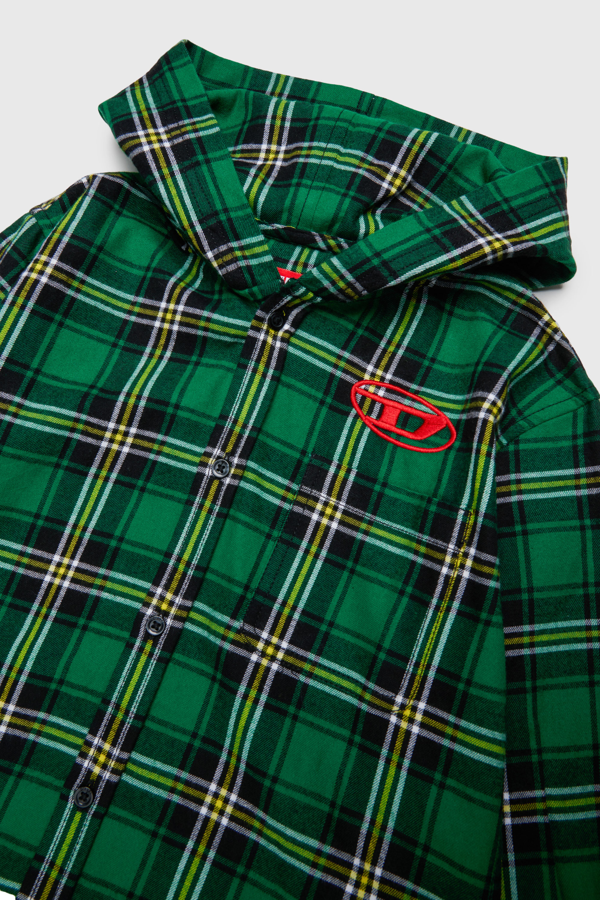 Diesel - CHECK OVER, Camicia con cappuccio a quadri con ricamo Oval D Uomo in Verde - 3
