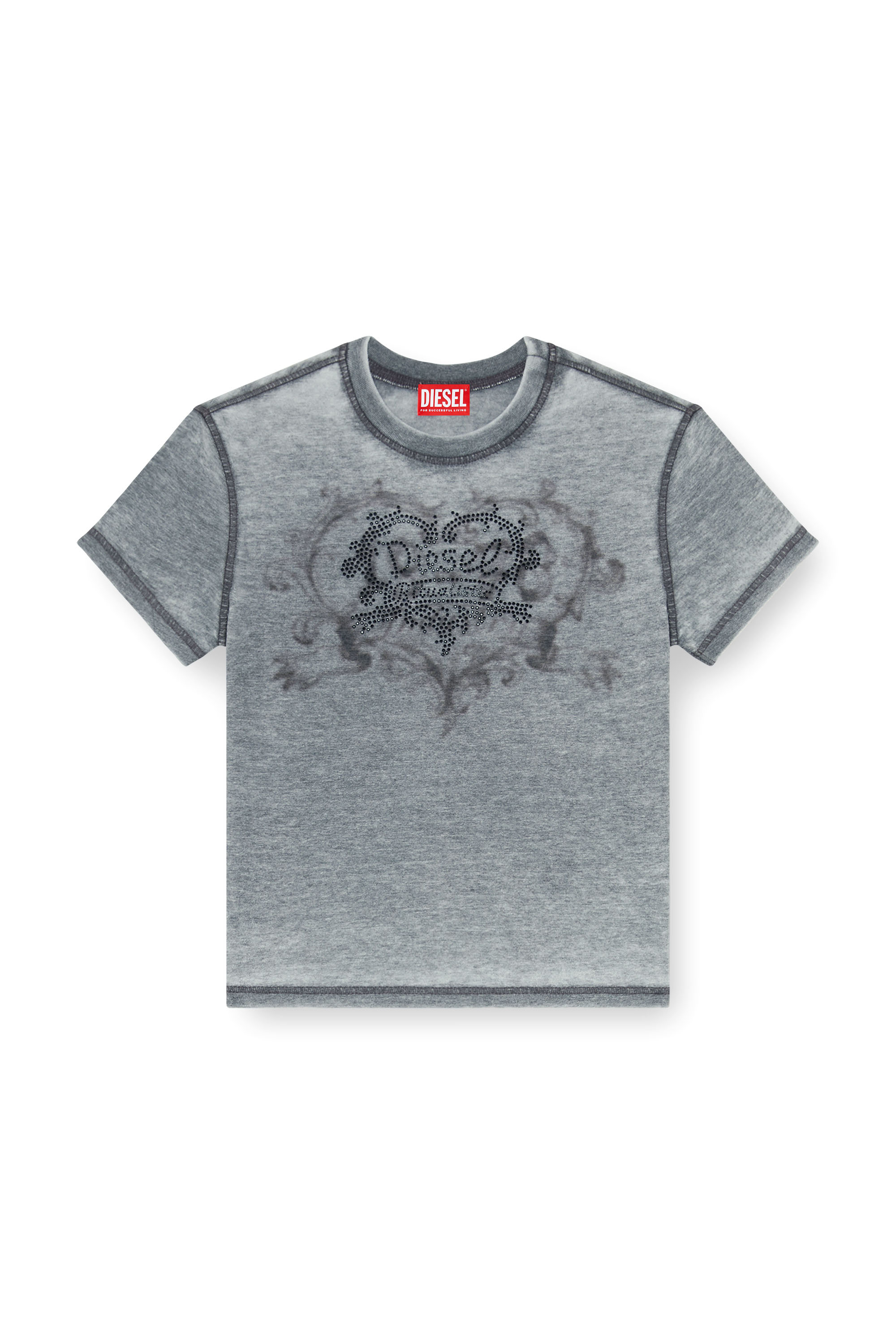 Diesel - T-ILA-AA1, T-shirt in jersey con strass ed effetto burnout Donna in Grigio - 2