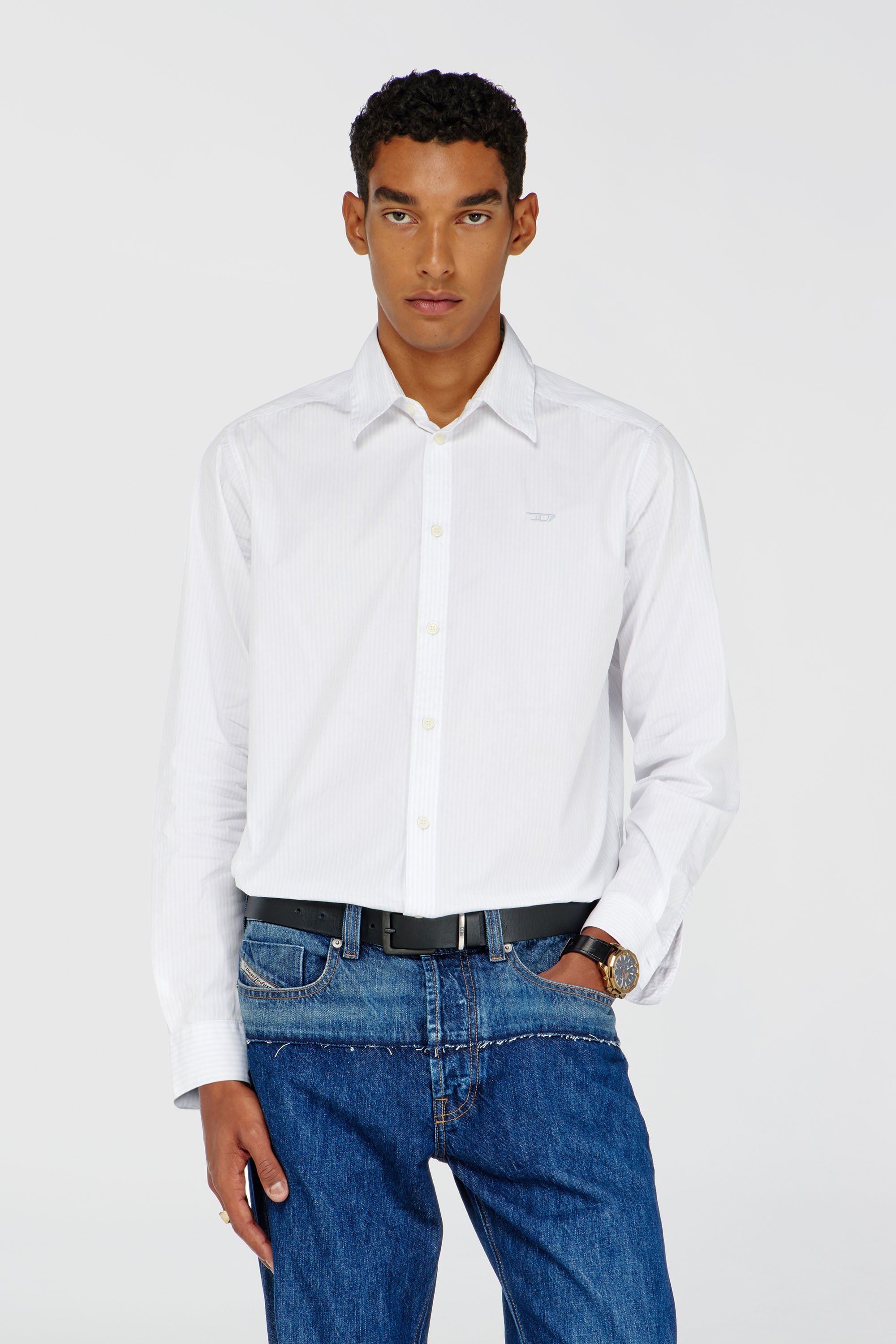 Diesel - S-SIMPLY-NA-DNAN, Camicia a righe in cotone con ricamo D Uomo in Bianco - 1