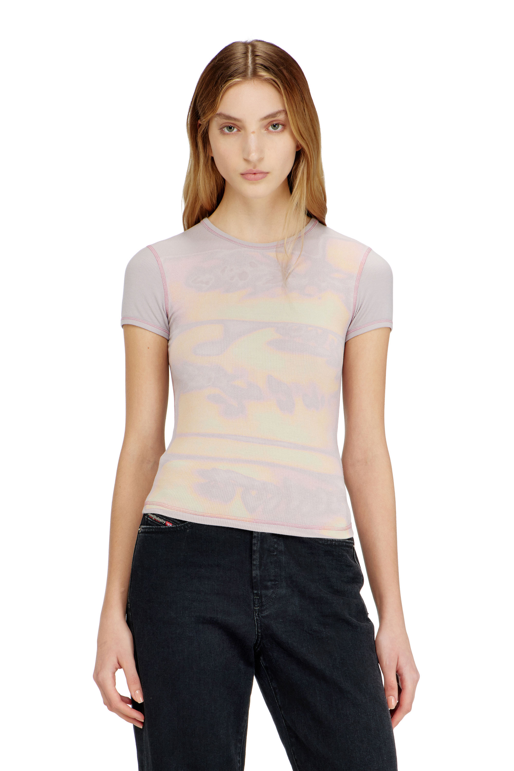 Diesel - T-ELE-LONG-AA1, Top aderente in jersey con stampa grafica Donna in Viola - 3