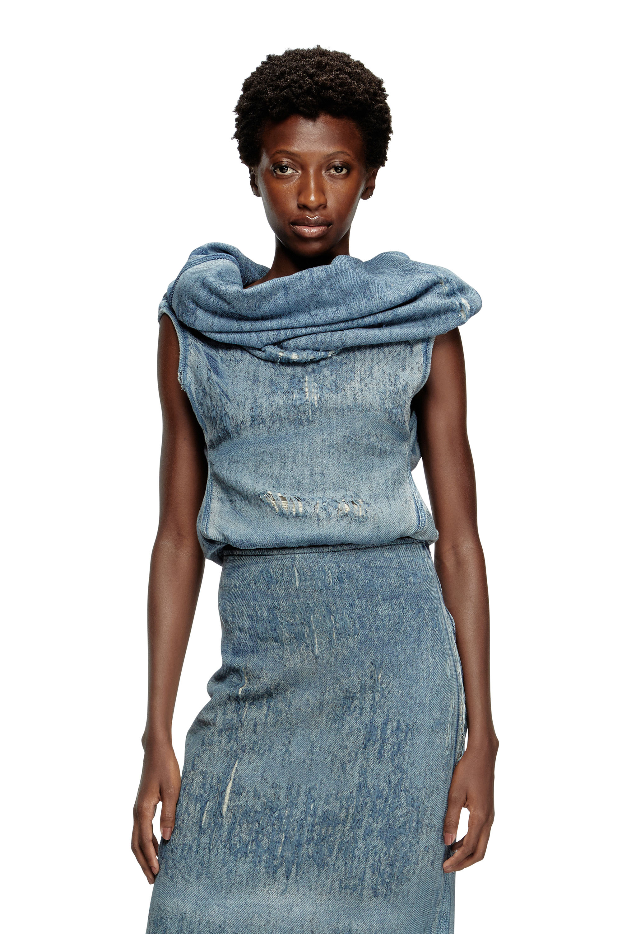 Diesel - DE-VANIA-FSG, Top denim jacquard effetto ultra-destroyed Donna in Blu - 3