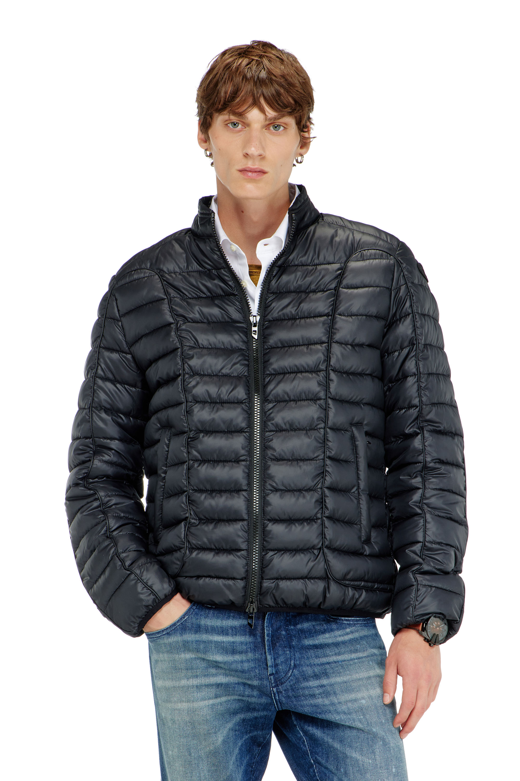 Diesel - W-PILOT-WRD, Piumino stile biker con profili tono su tono Uomo in Nero - 1