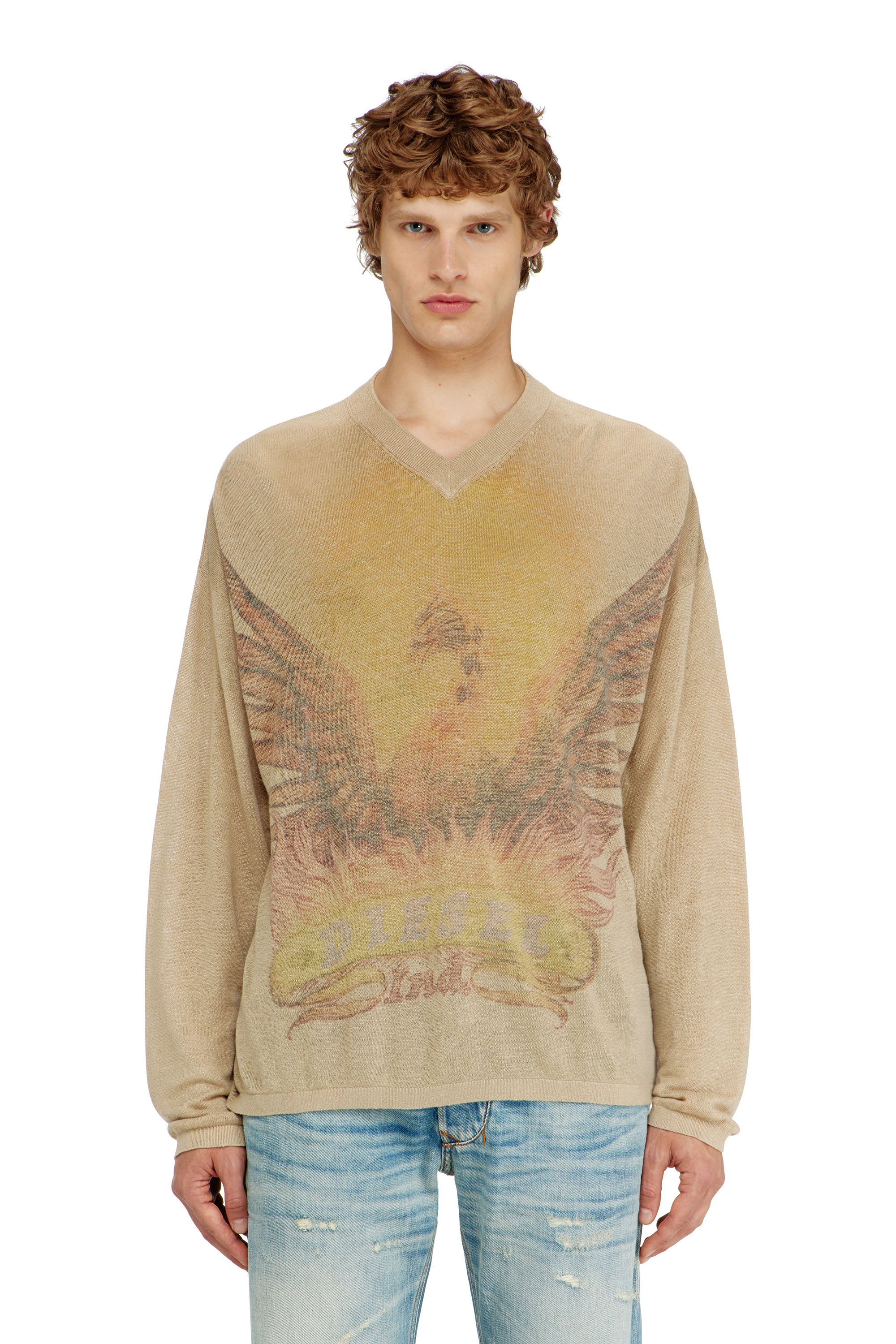 Diesel - K-ARMINS, Maglia in lino con stampa Phoenix effetto faded Uomo in Beige - 1