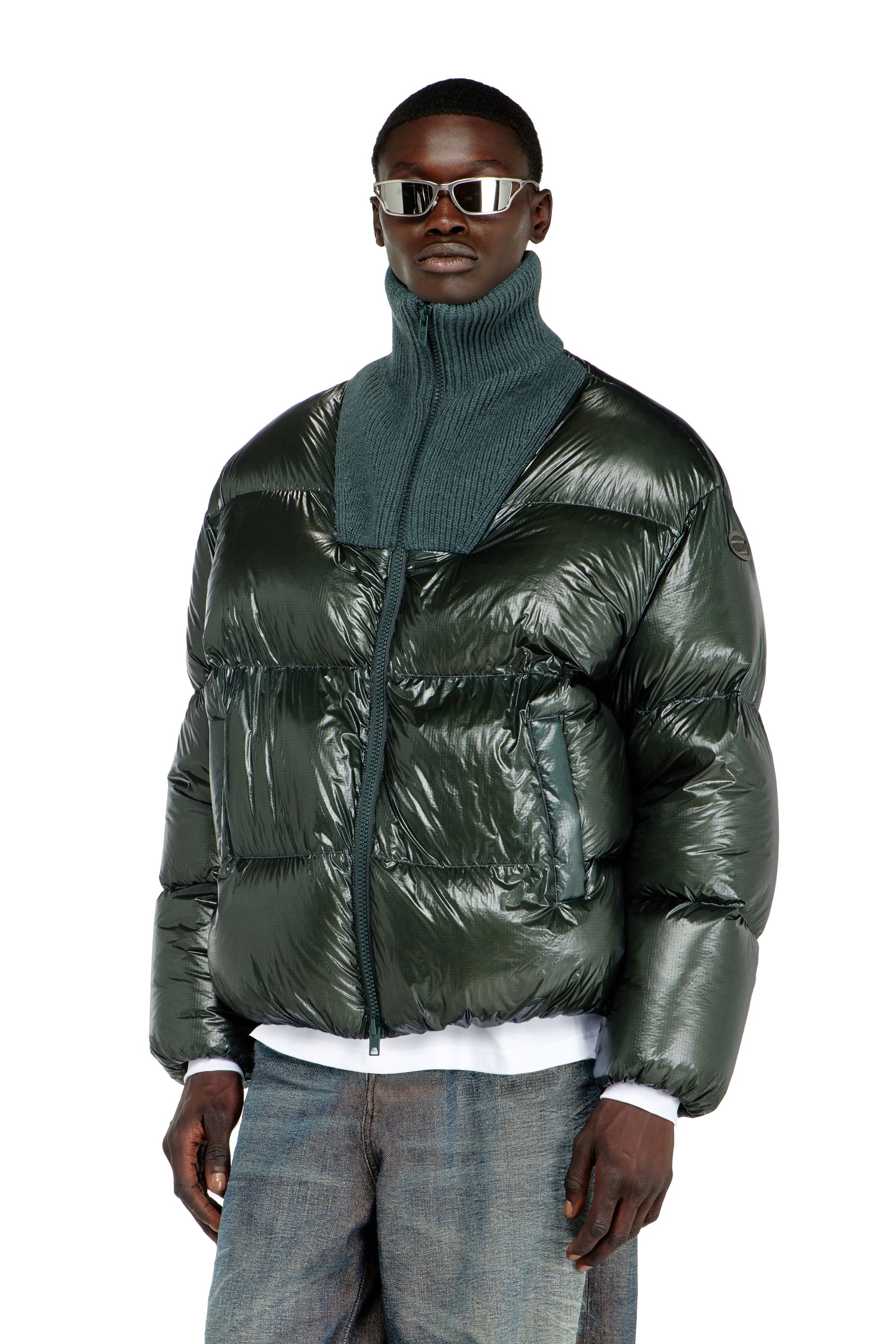 Diesel - W-RIBB, Piumino in ripstop con collo a costine Uomo in Verde - 1