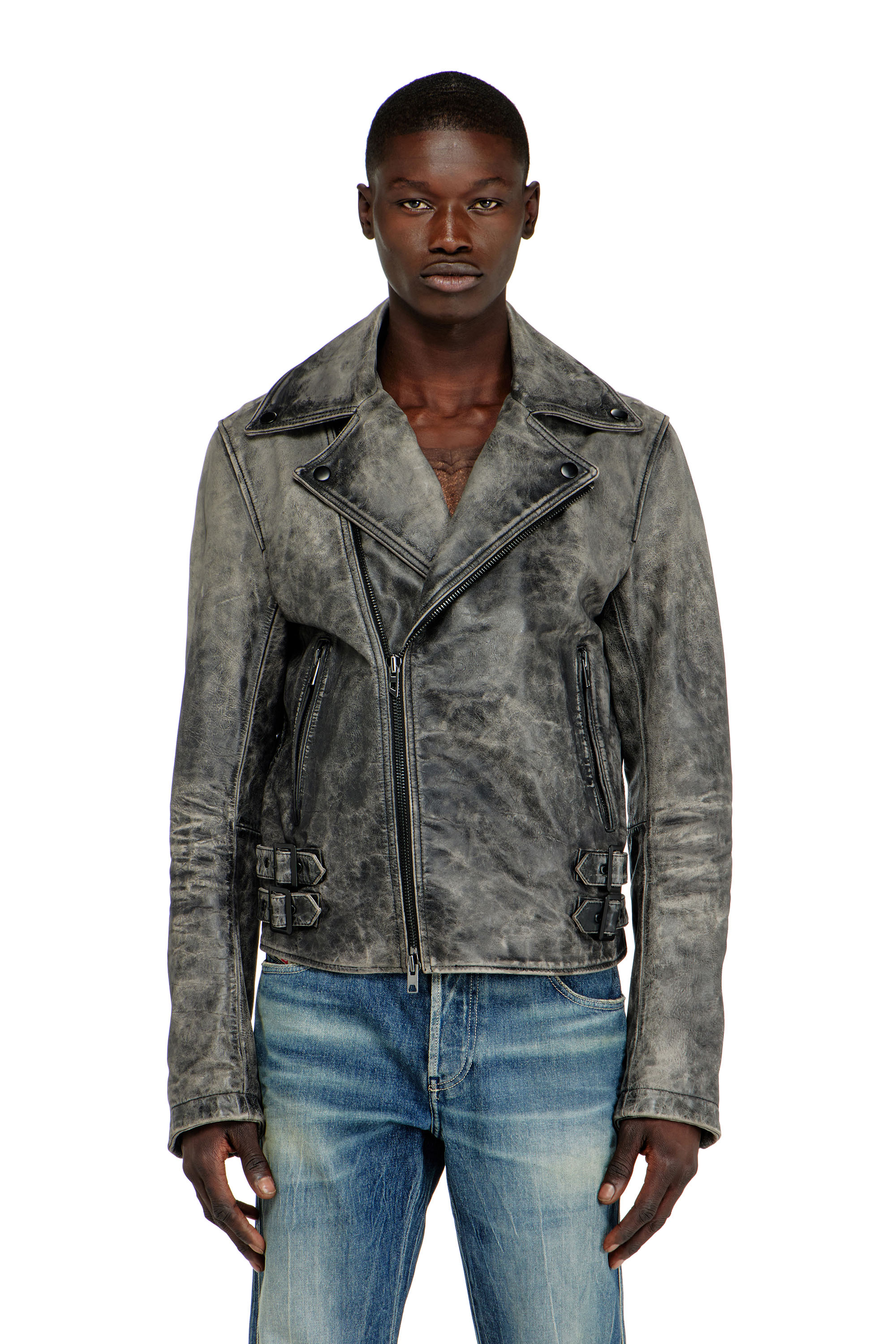 Diesel - L-EON-CJCM, Giacca biker in pelle lavorata Uomo in Grigio - 1