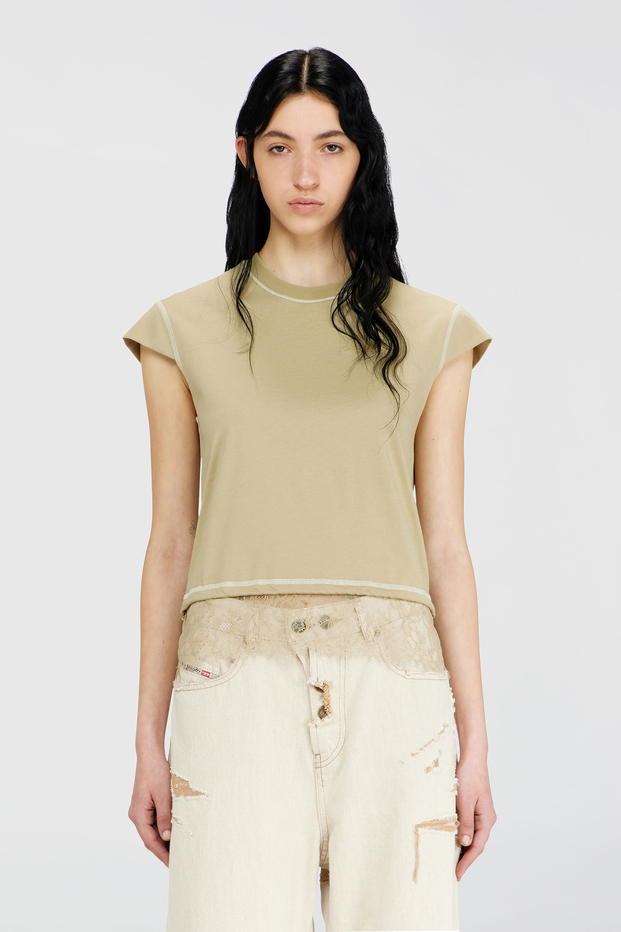Diesel - T-LUNA, Woman's Jersey t-shirt with lace hem in Beige - 1
