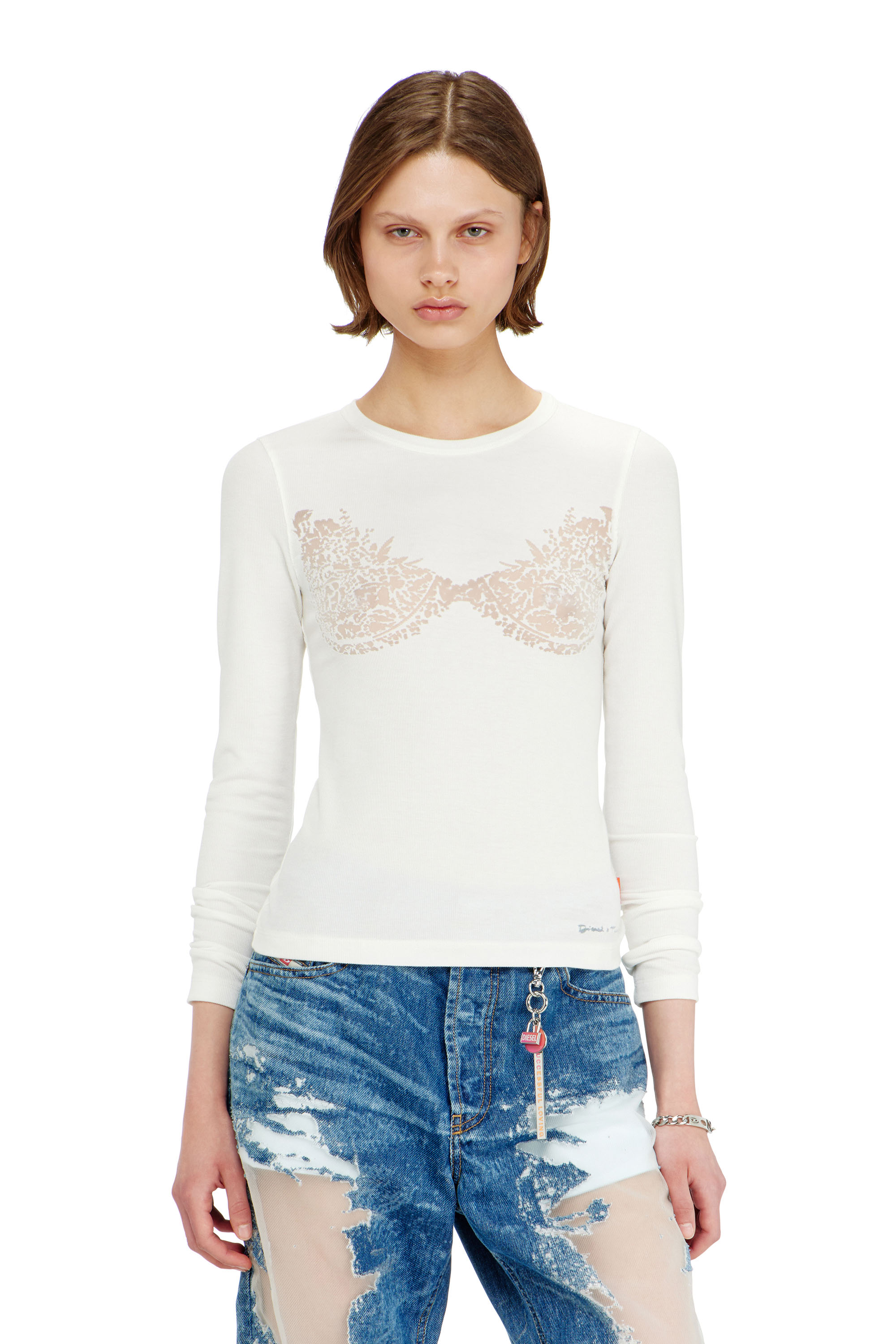 Diesel - PR-T-MOKKI-LS-R, Top con effetto pizzo devor&eacute; Donna in Bianco - 3