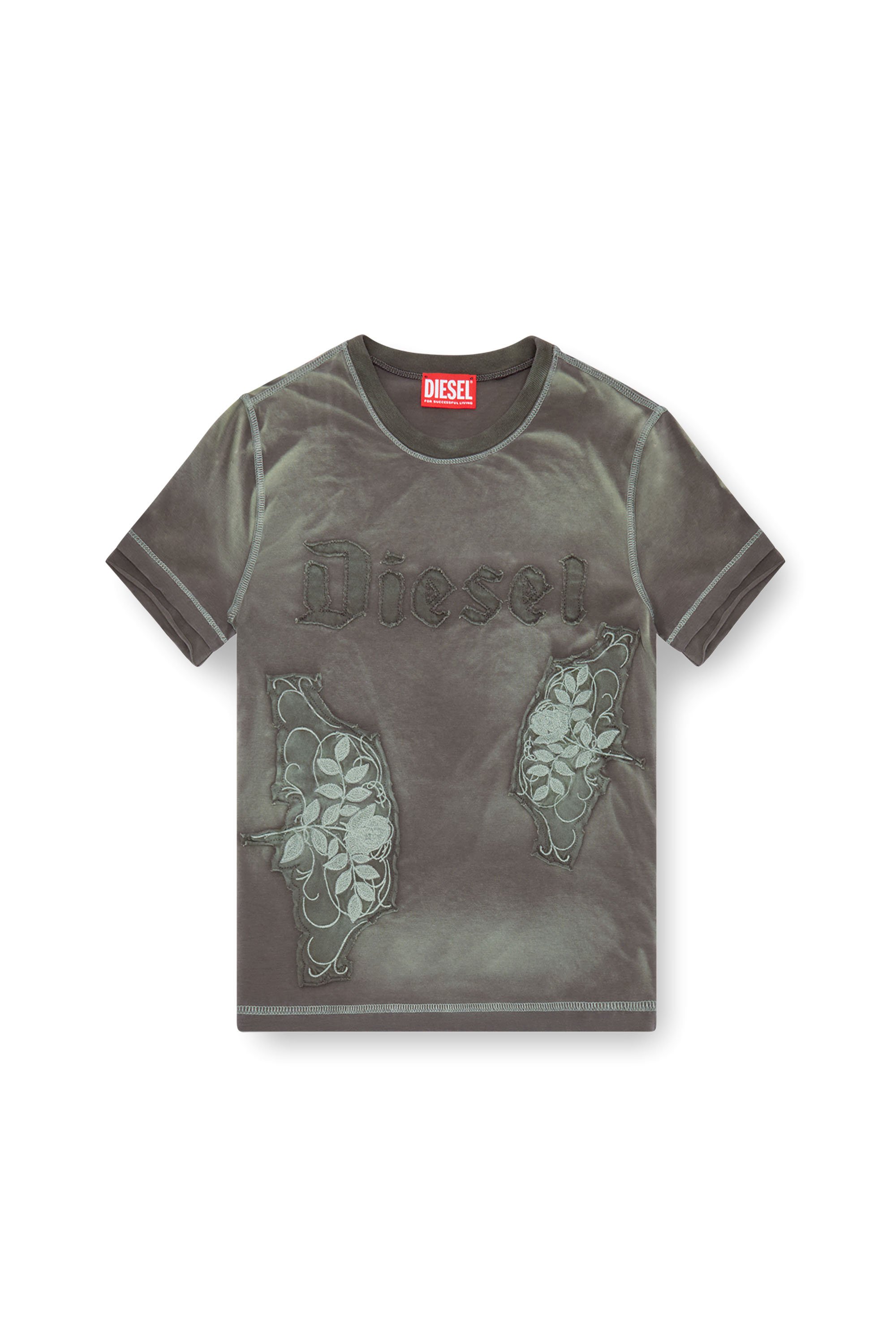 Diesel - T-UNCUT, Donna T-shirt con patch floreali ricamati in Verde - Image 3