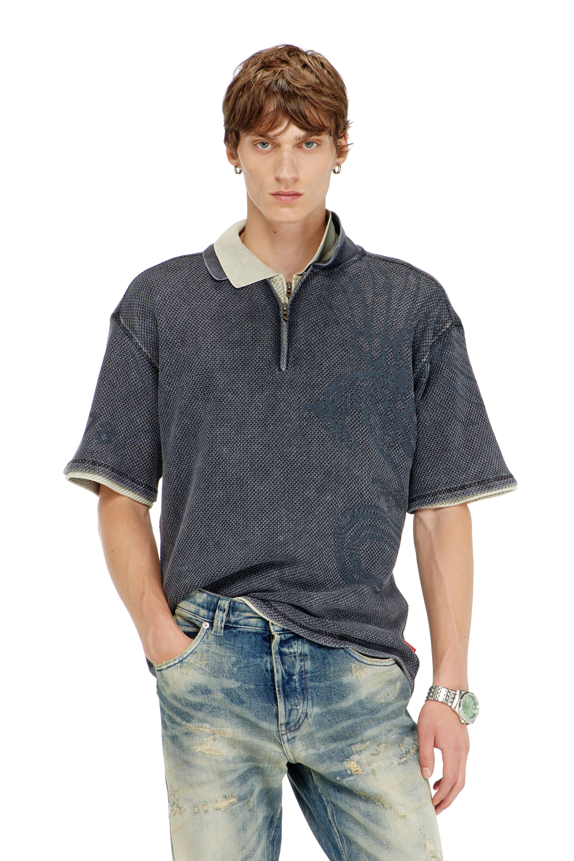 Diesel - T-ERRY-ZIP, Polo in mesh jacquard con stampa Phoenix Uomo in Grigio - 1