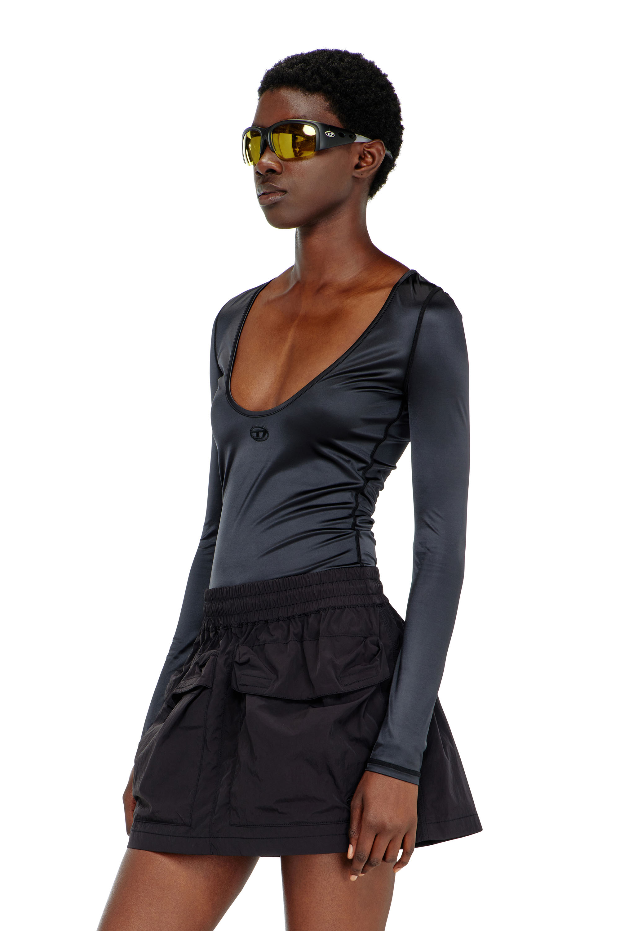 Diesel - T-ELPHIN-LS, Top slim in nylon con scollo rotondo e ricamo Logo Oval D Donna in Nero - 1