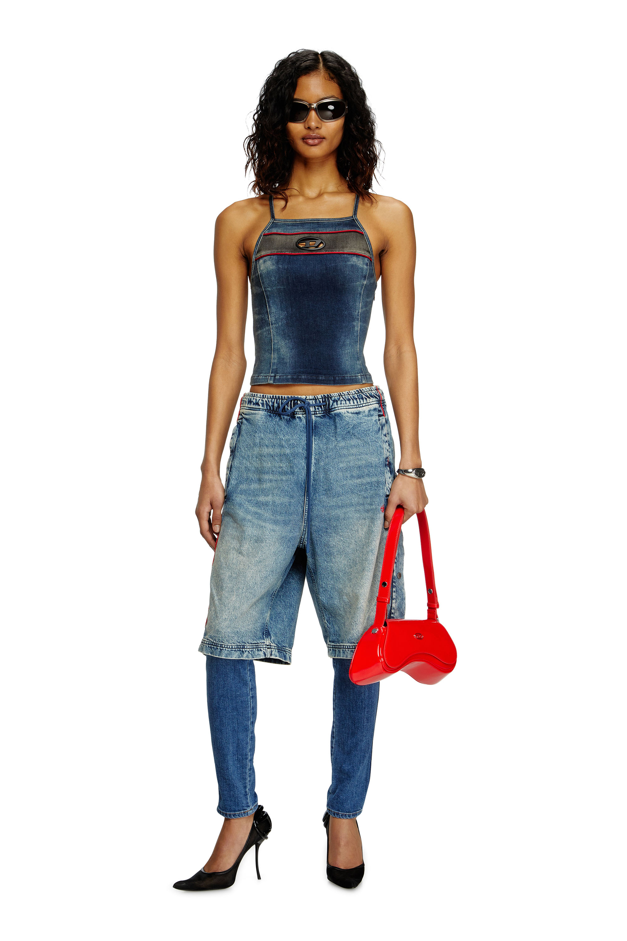 Diesel - DE-PILU-S, Crop top in denim stretch bicolore Donna in Blu - 2