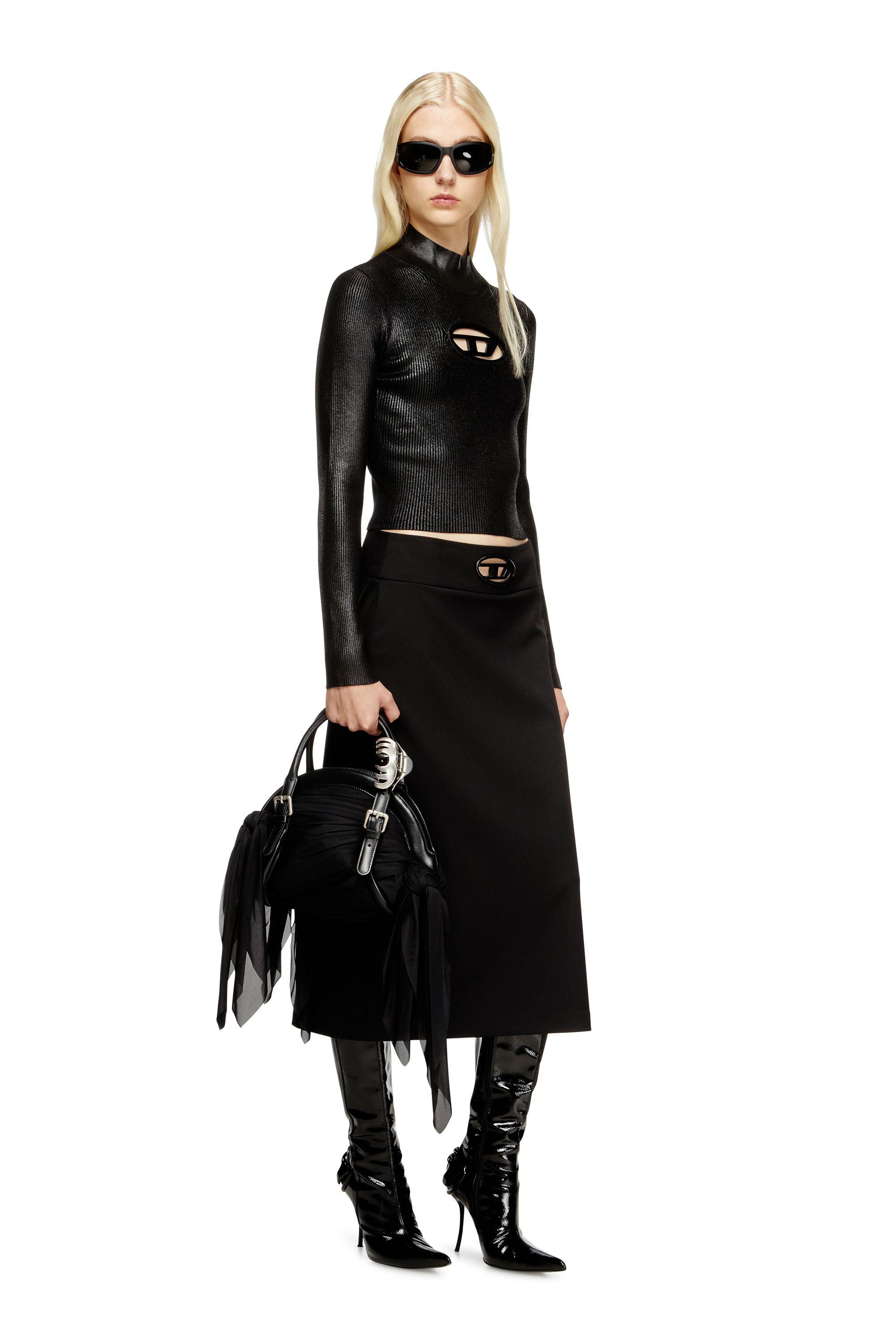 Diesel - M-VALARI-TN, Dolcevita lavorato a coste con finitura lucida Donna in Nero - 1