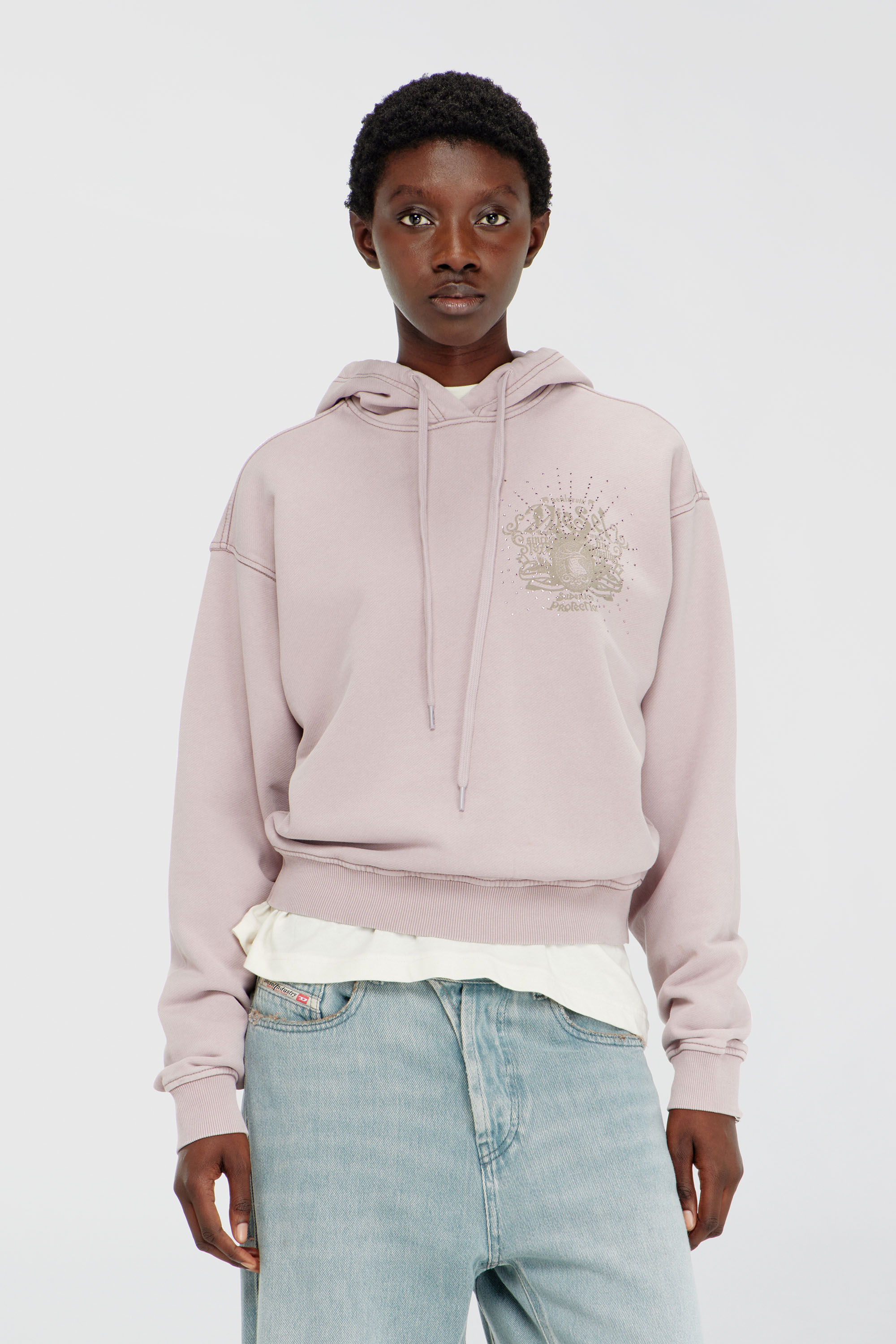 Diesel - F-PHOENY, Woman's Hoodie with prints and rhinestone studs in Lilac - 1