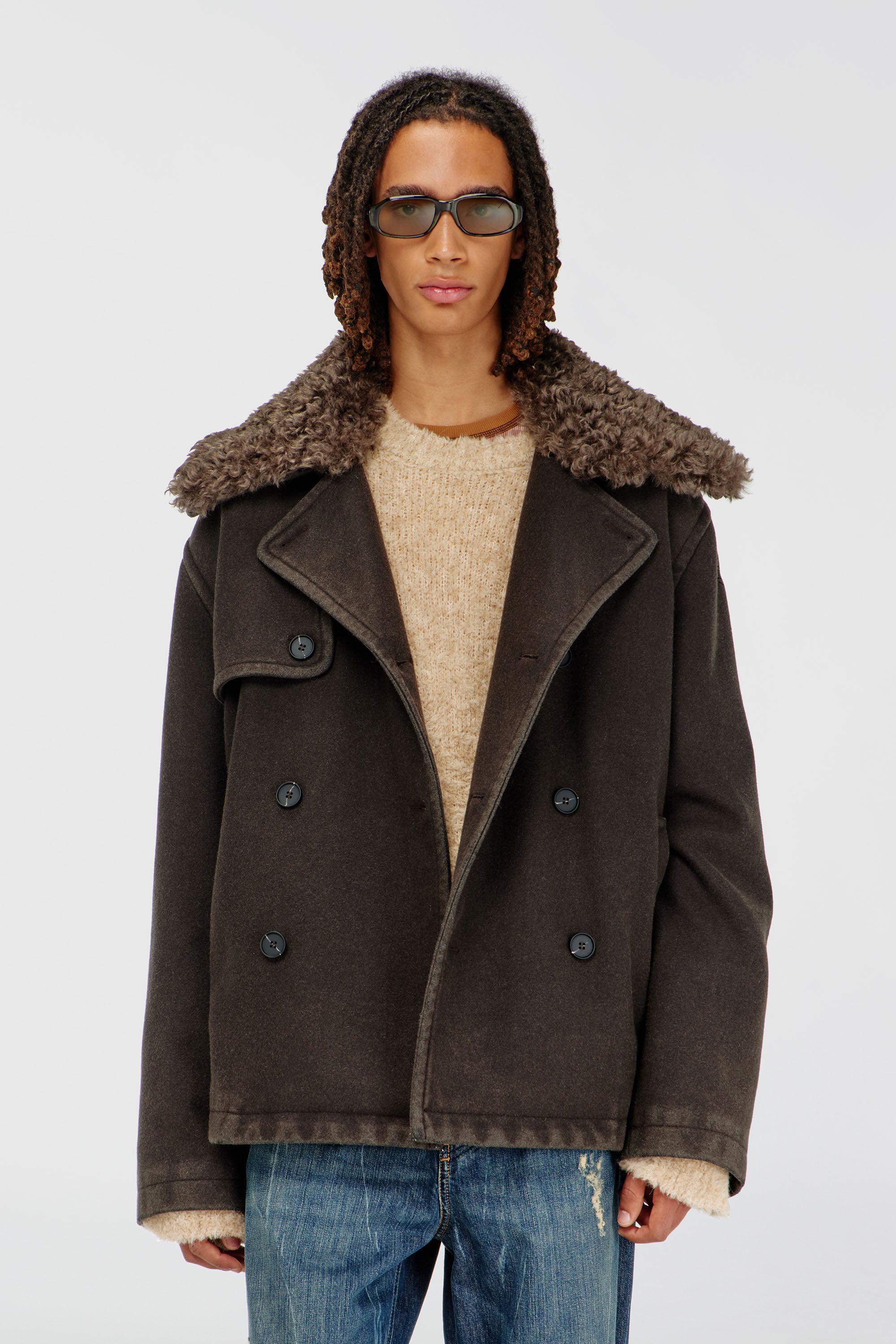 Diesel - W-JAKE-QMCH, Cappotto doppiopetto in misto lana con collo staccabile Uomo in Marrone - 1
