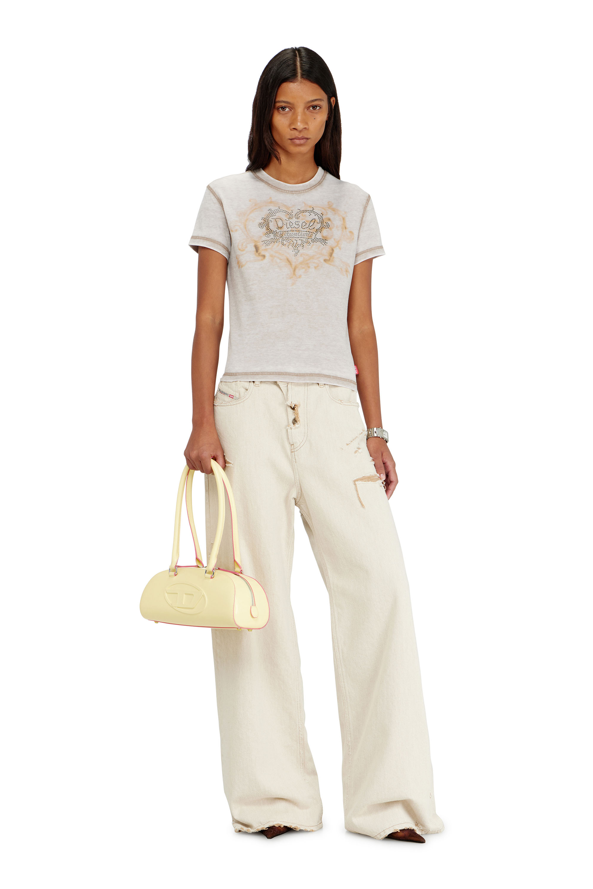 Diesel - T-ILA-AA1, T-shirt in jersey con strass ed effetto burnout Donna in Grigio - 1
