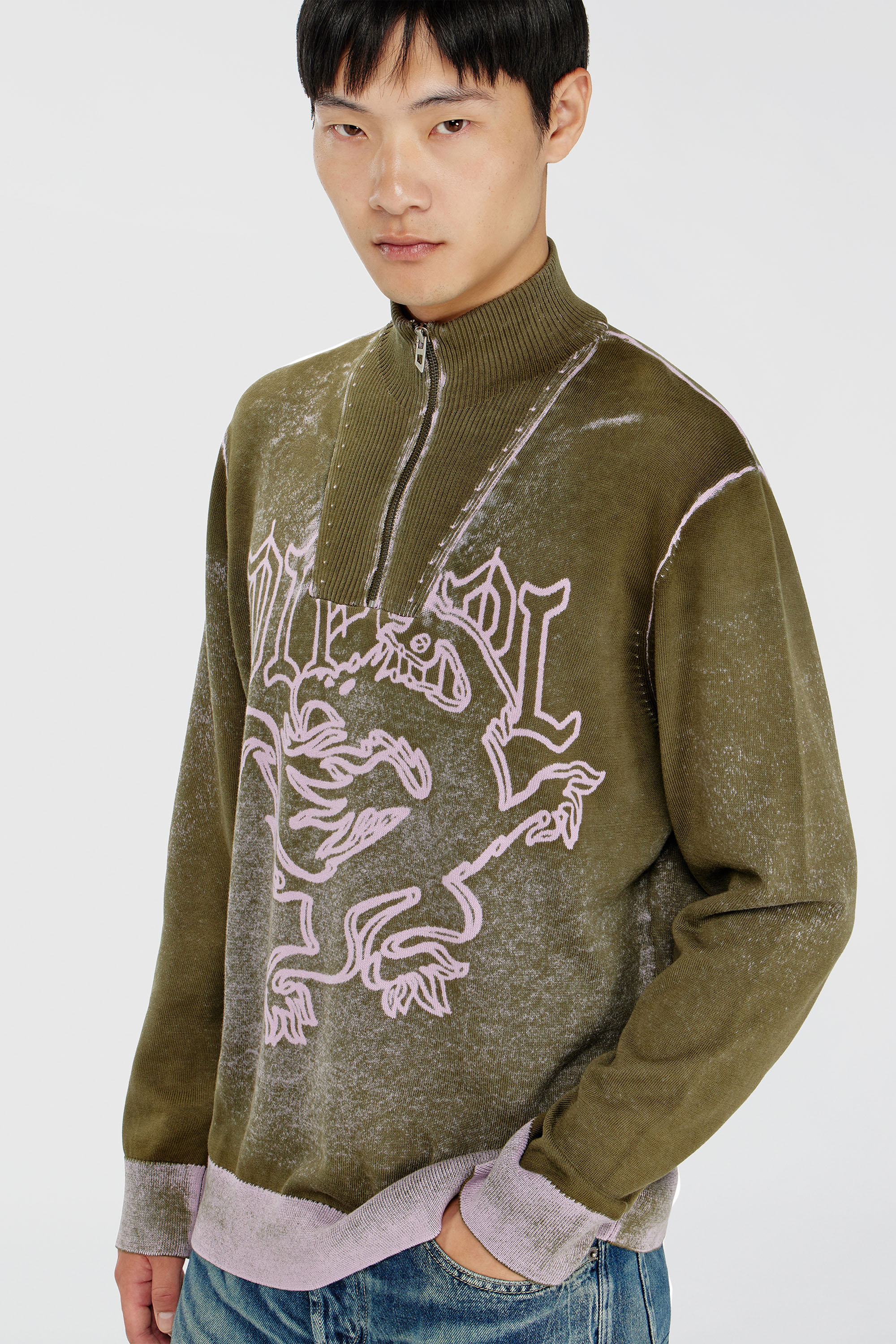 Diesel - K-LAUTARE, Maglia half-zip lavorata con motivo grifone Uomo in Verde - 5