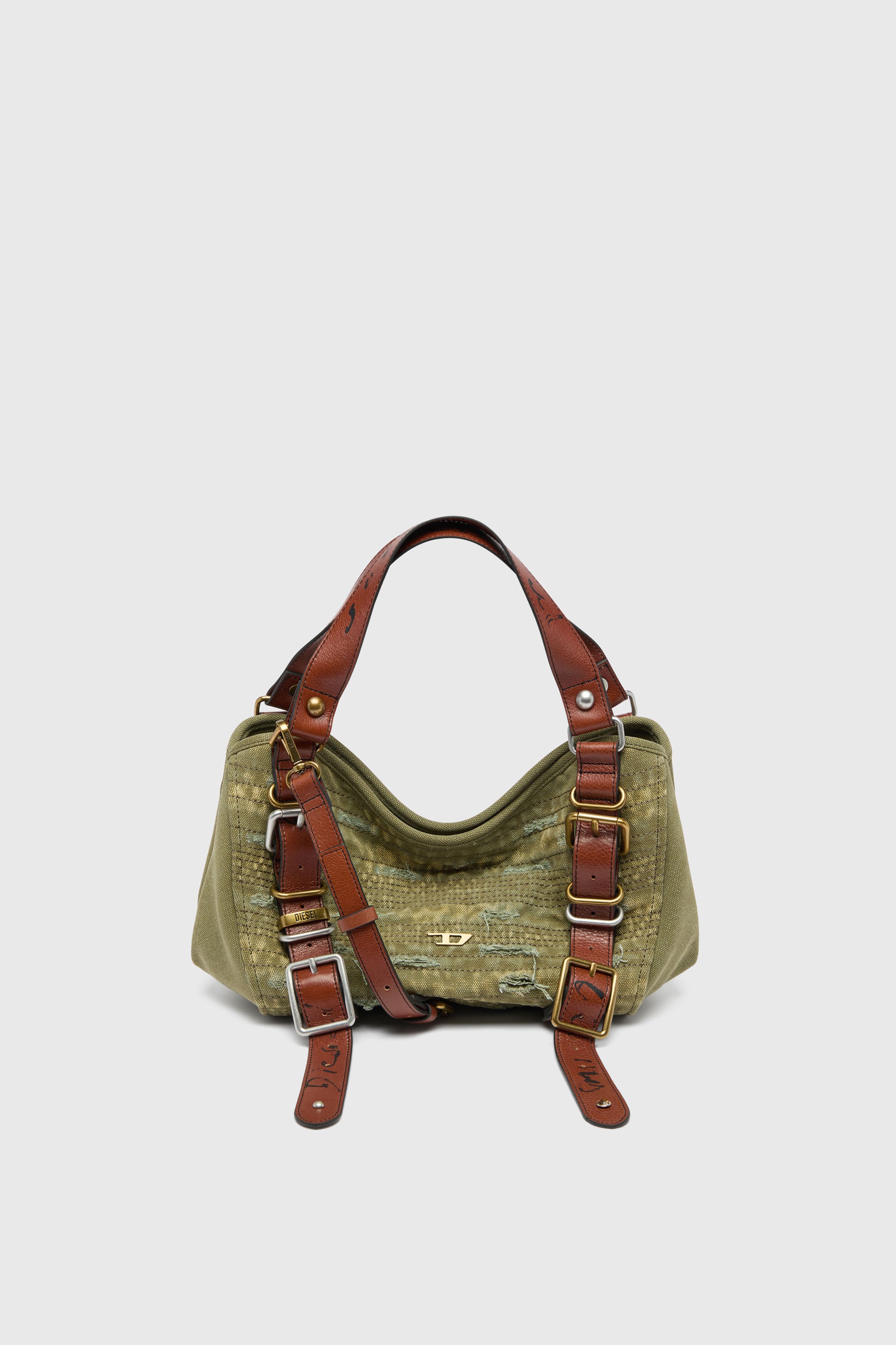 Diesel - D-ONE TOPHANDLE S, D-One-Borsa piccola a mano in canvas effetto used e pelle Donna in Verde - 1