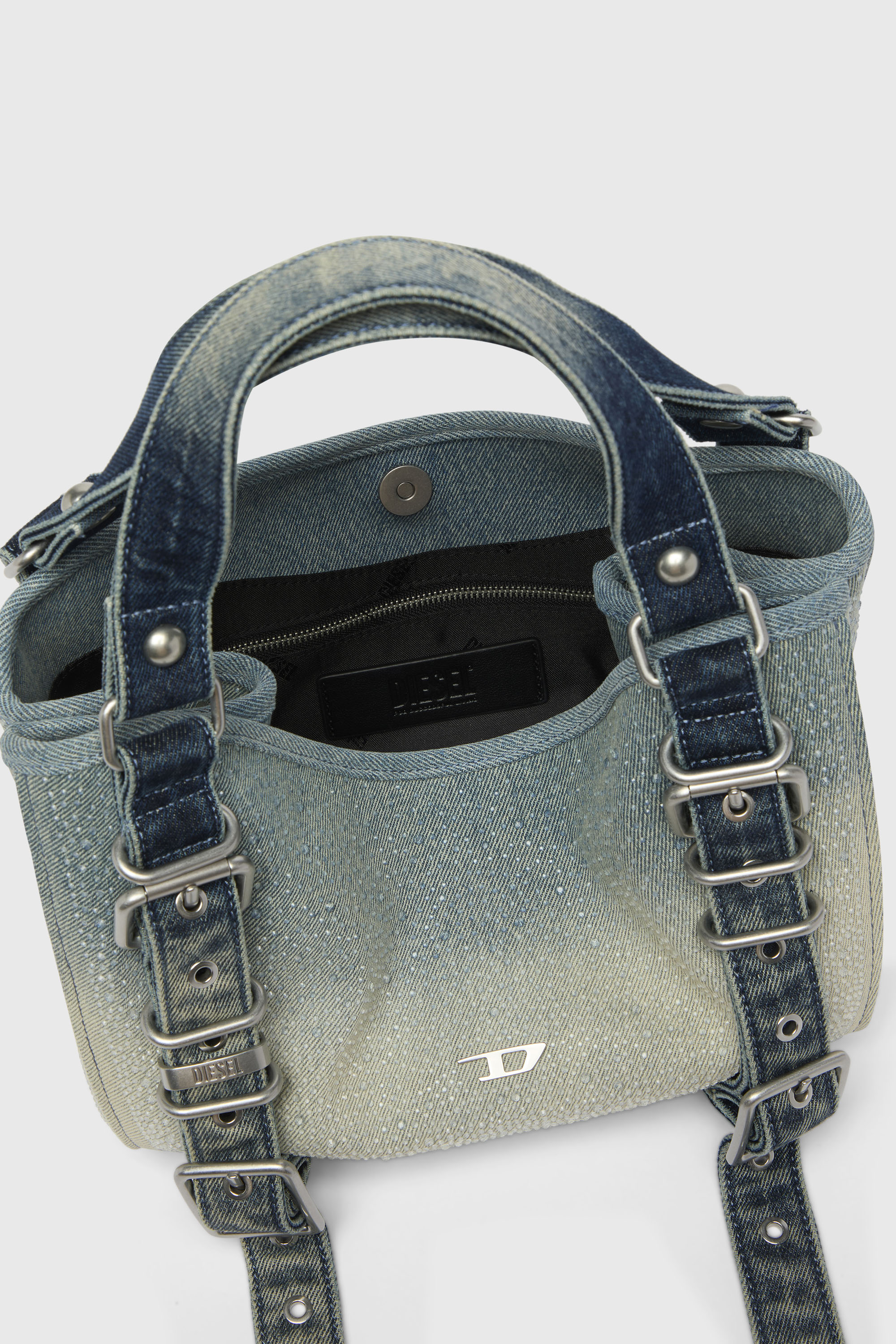 Diesel - D-ONE TOPHANDLE S, D-One-Borsa piccola a mano in denim solarizzato con cristalli Donna in Blu - 3