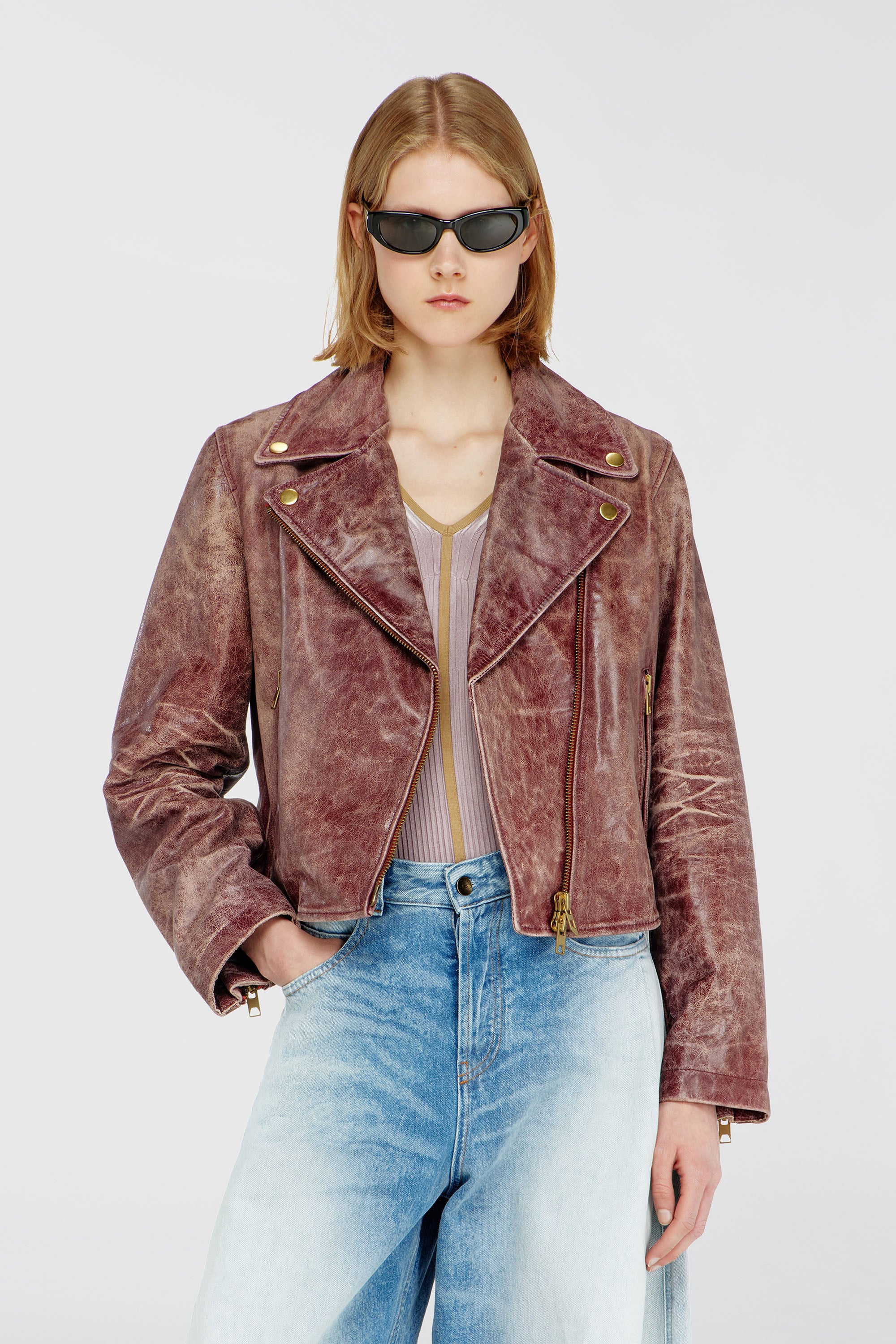 Diesel - L-UNATIC-T1, Giacca biker in pelle lavorata Donna in Rosso - 1