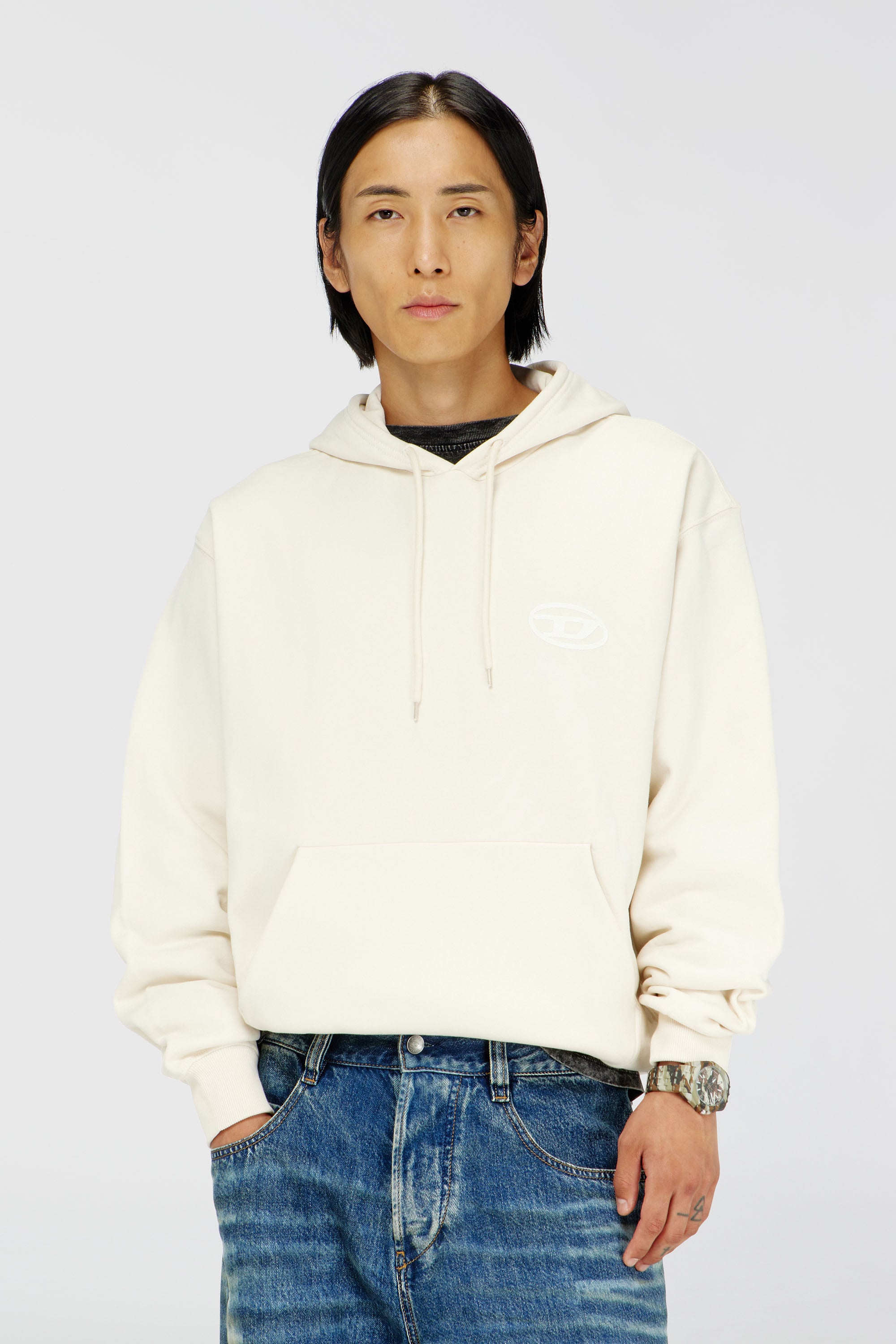 Diesel - S-LUK-H-T92, Felpa con cappuccio in cotone con ricamo Oval D tono su tono Uomo in Bianco - 1