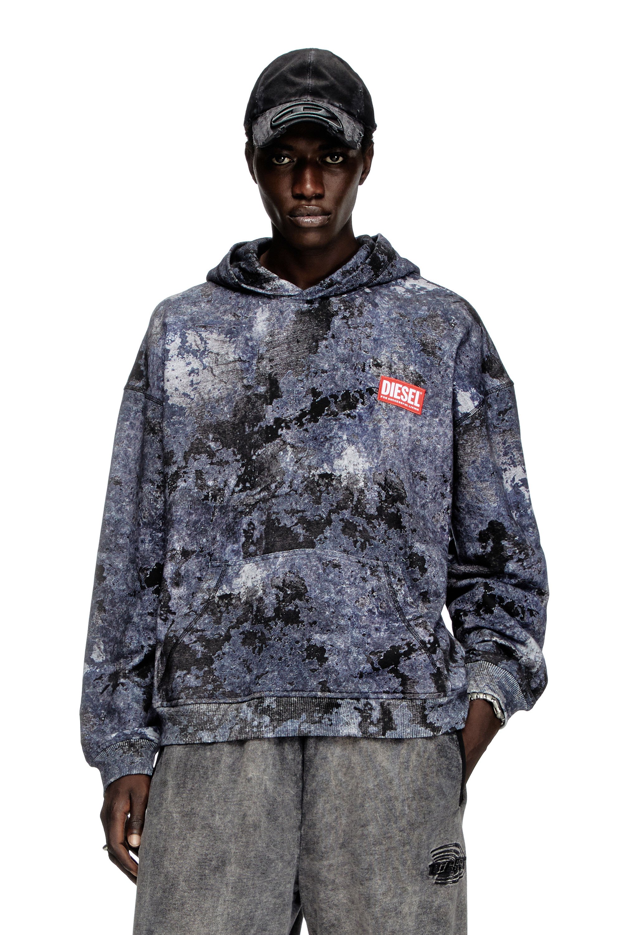 Diesel - S-BOXT-HOOD-R8, Hoodie con effetto marmorizzato burnout Uomo in Blu - 1